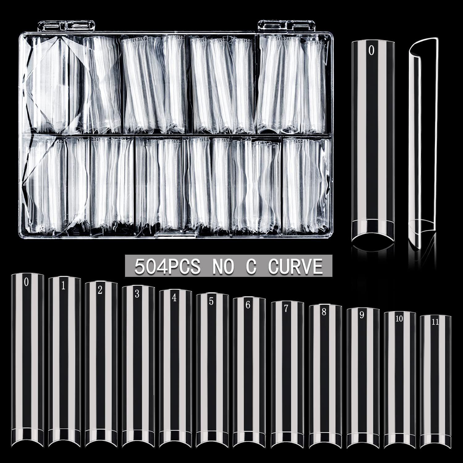 504PCS XXXL No C Curve Clear Square Nail Tips - Extra Long Flat Fake Nails for Acrylics, 12 Sizes Half Cover French Manicure with Storage Box | Professional Salon & DIY Home Nail Art Supplies