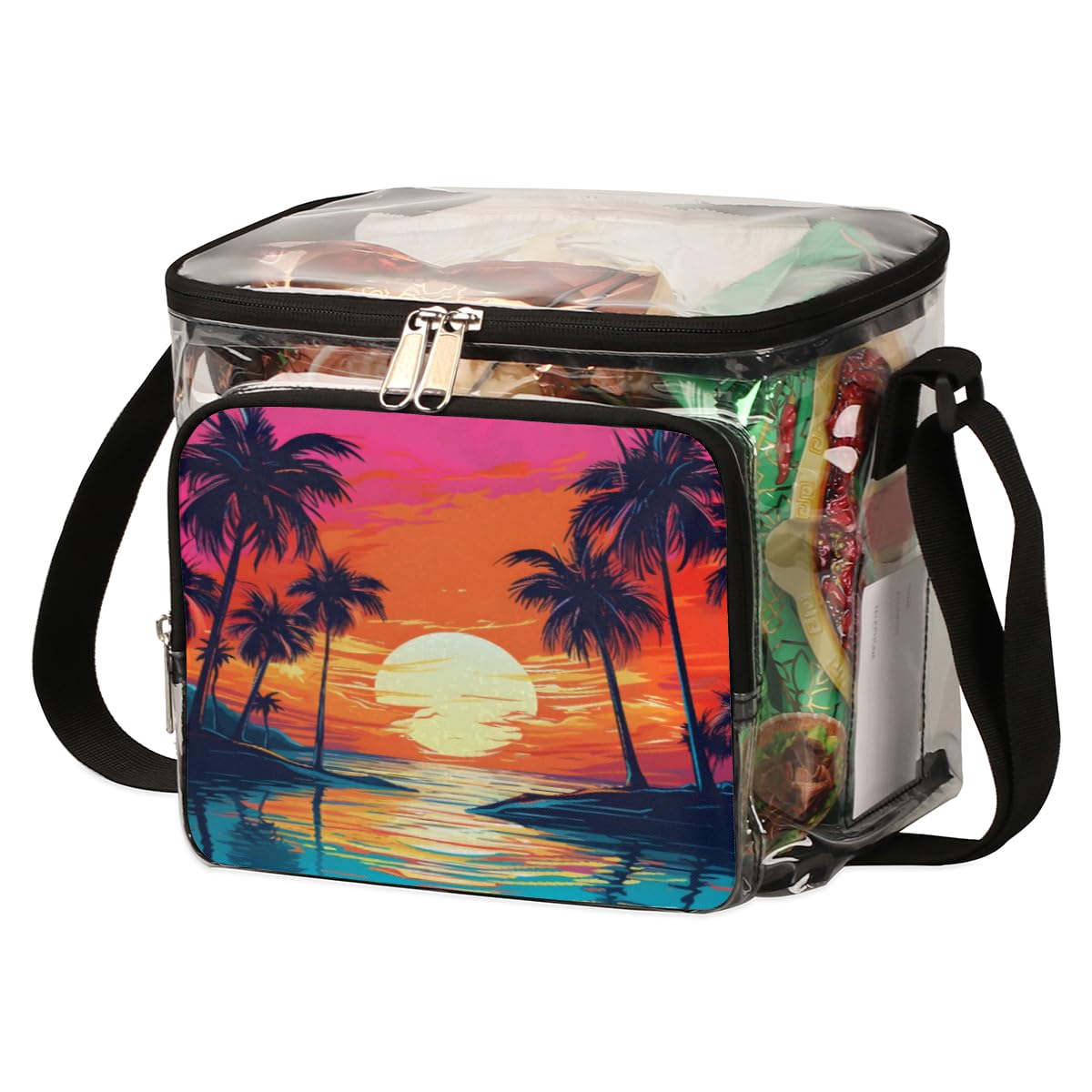 GzLeyigou Clear Transparent Beach Tote Bag with Handles - Waterproof Sunset Design with Coconut Palm Print - Perfect for Outdoor Travel, Picnic, Concerts & Sports Events - Stadium Approved Shoulder Bag for Women & Men