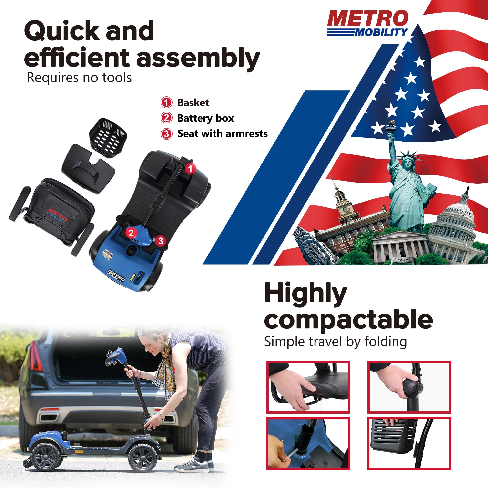 4 Wheel Folding Mobility Scooter for Adults & Seniors - Electric Powered Medical Scooter Wheelchair - Compact Heavy Duty Travel Scooter (Light Blue) - Ideal for Airports, Shopping Malls & Outdoor Activities