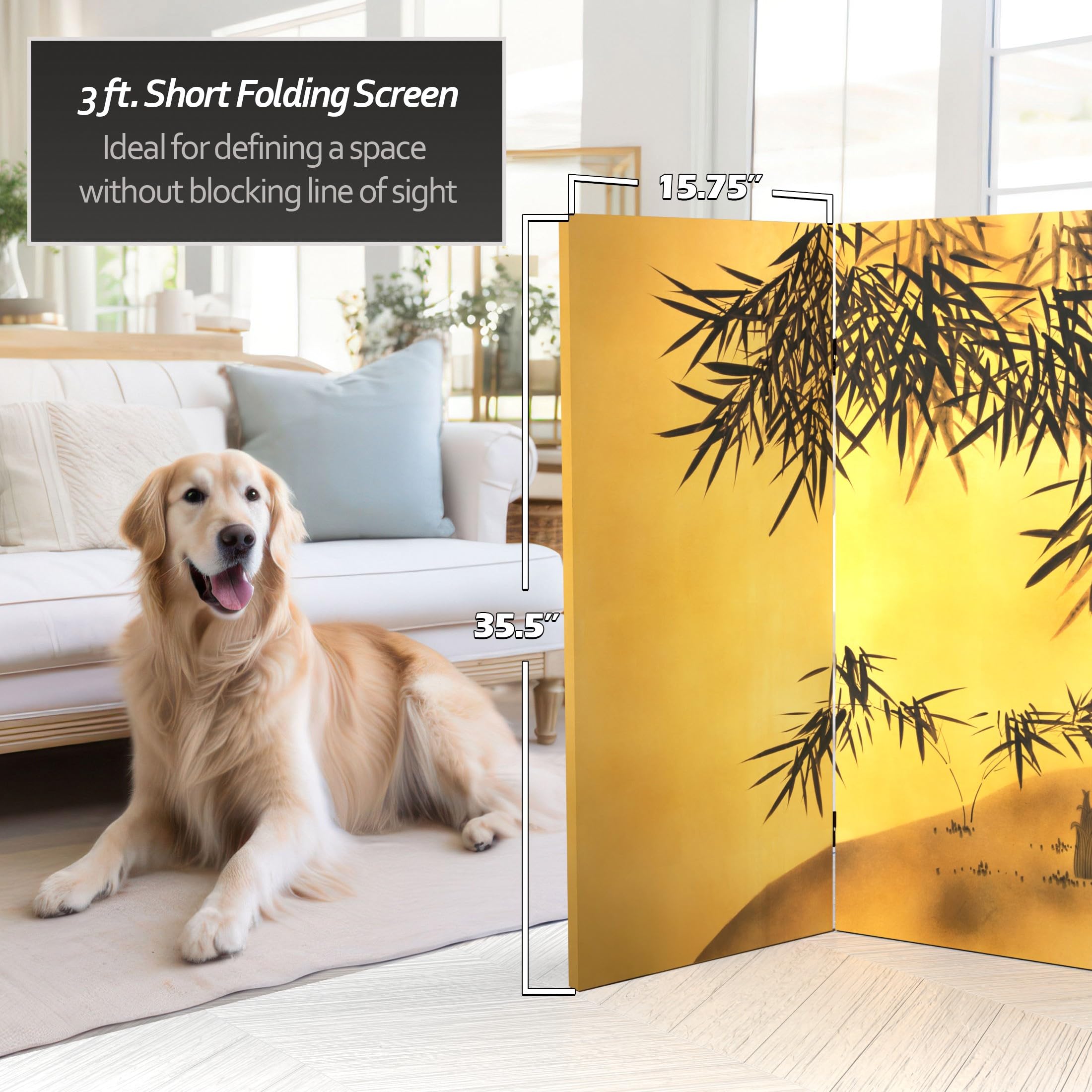 3 ft. Red Lantern Double-Sided Bamboo Room Divider - Handmade Canvas Folding Screen for Home Decor, Office Partition & Asian-Themed Events