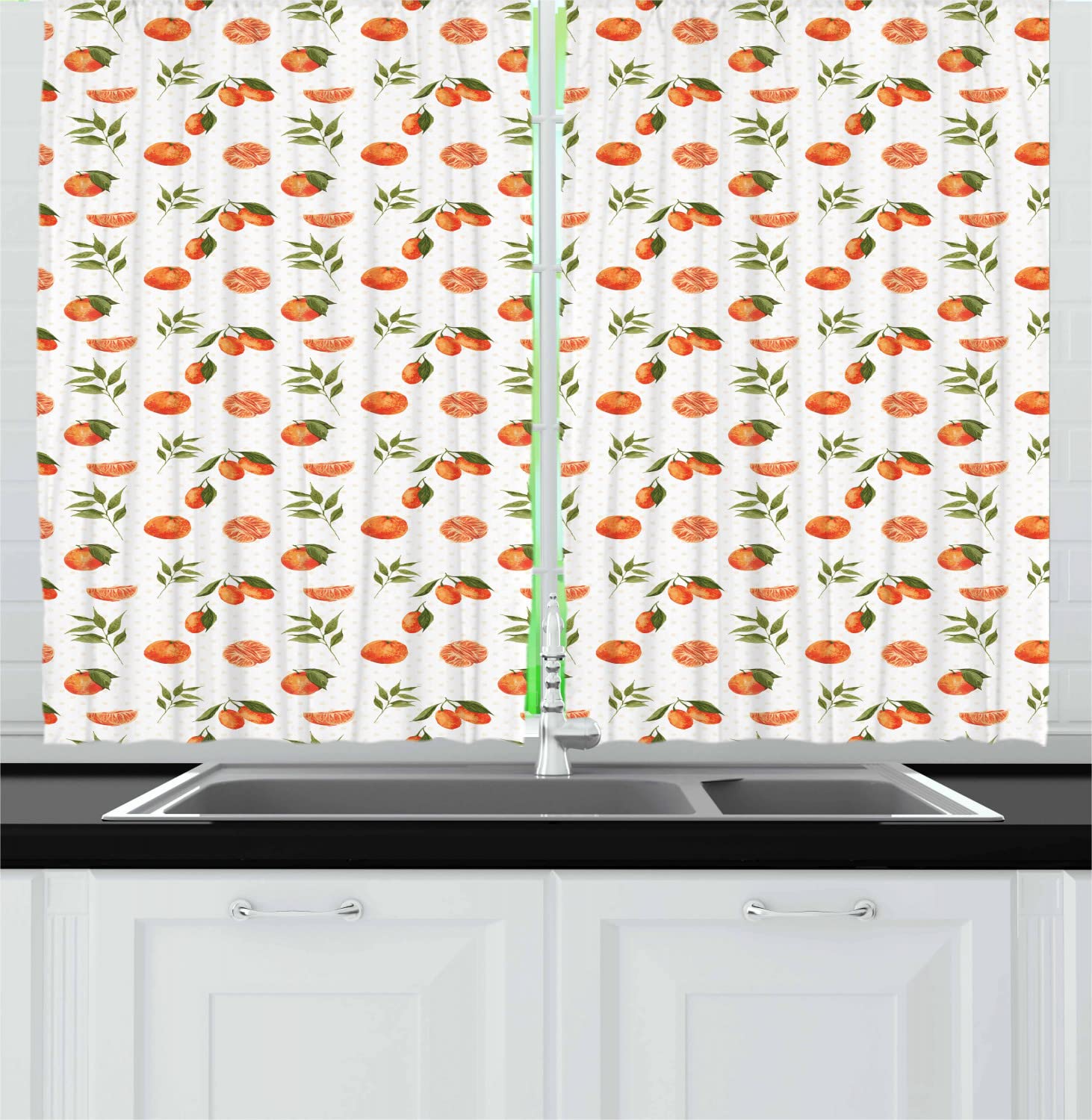 Ambesonne Burnt Orange Long Kitchen Curtains - Watercolor Orange & Tangerine Fruit Pattern with Leaves on Polka Dot Background - 2 Panel Rod Pocket Drapes for Window Decor (55x45 Inches) - Perfect for Farmhouse, Cottage & Rustic Kitchen Design