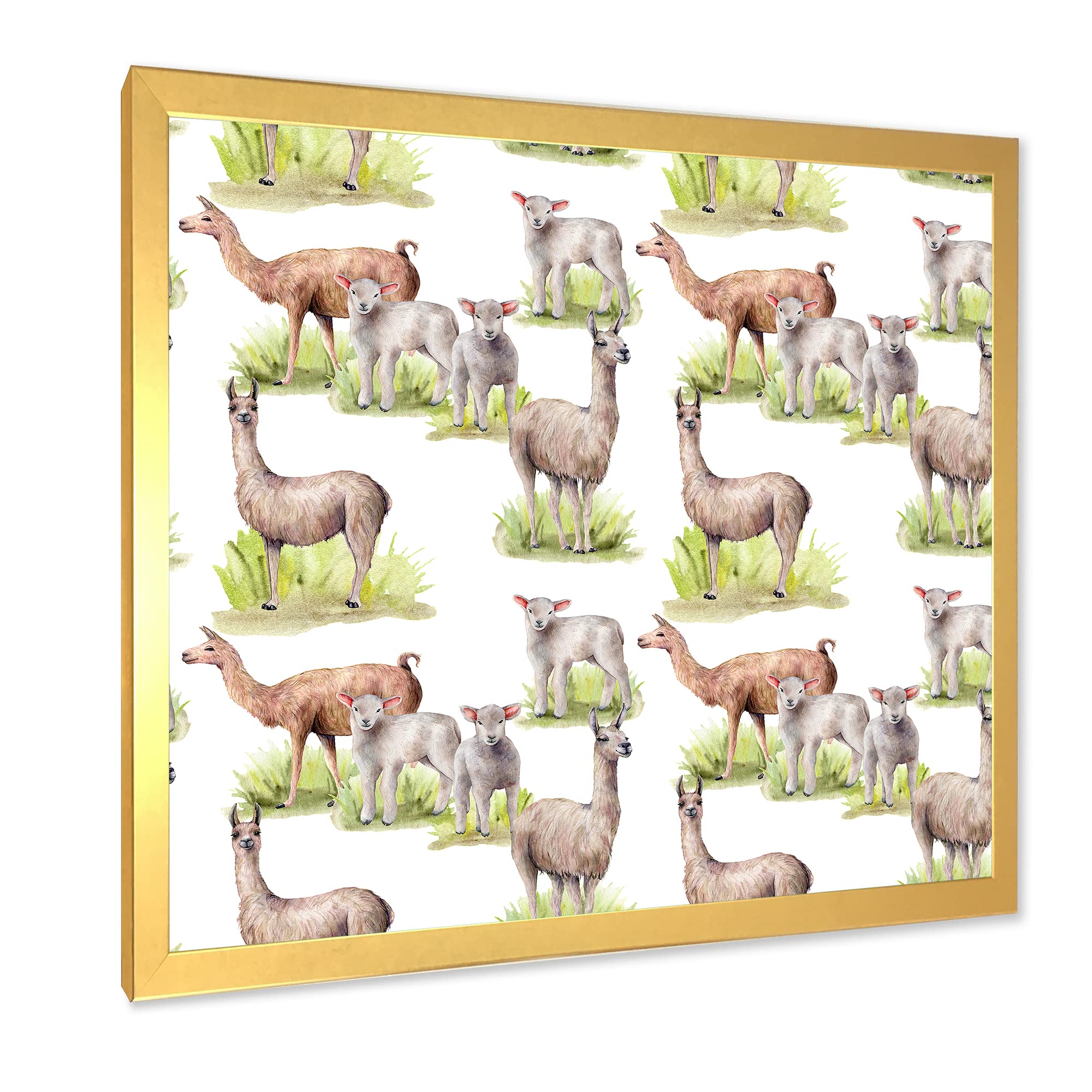 DesignQ Lamas and Lambs On A Green Meadow Farmhouse Framed Wall Art - Rustic Countryside Decor for Living Room, Bedroom & Office