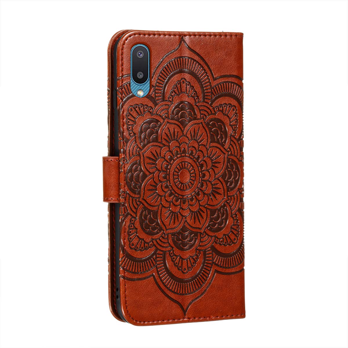 OOPKINS PU Leather Mandala Embossed Flip Wallet Case with Card Slot & Magnetic Stand - Compatible with Samsung Galaxy A02/M02 - Perfect for Work, Travel & Daily Protection (Brown)