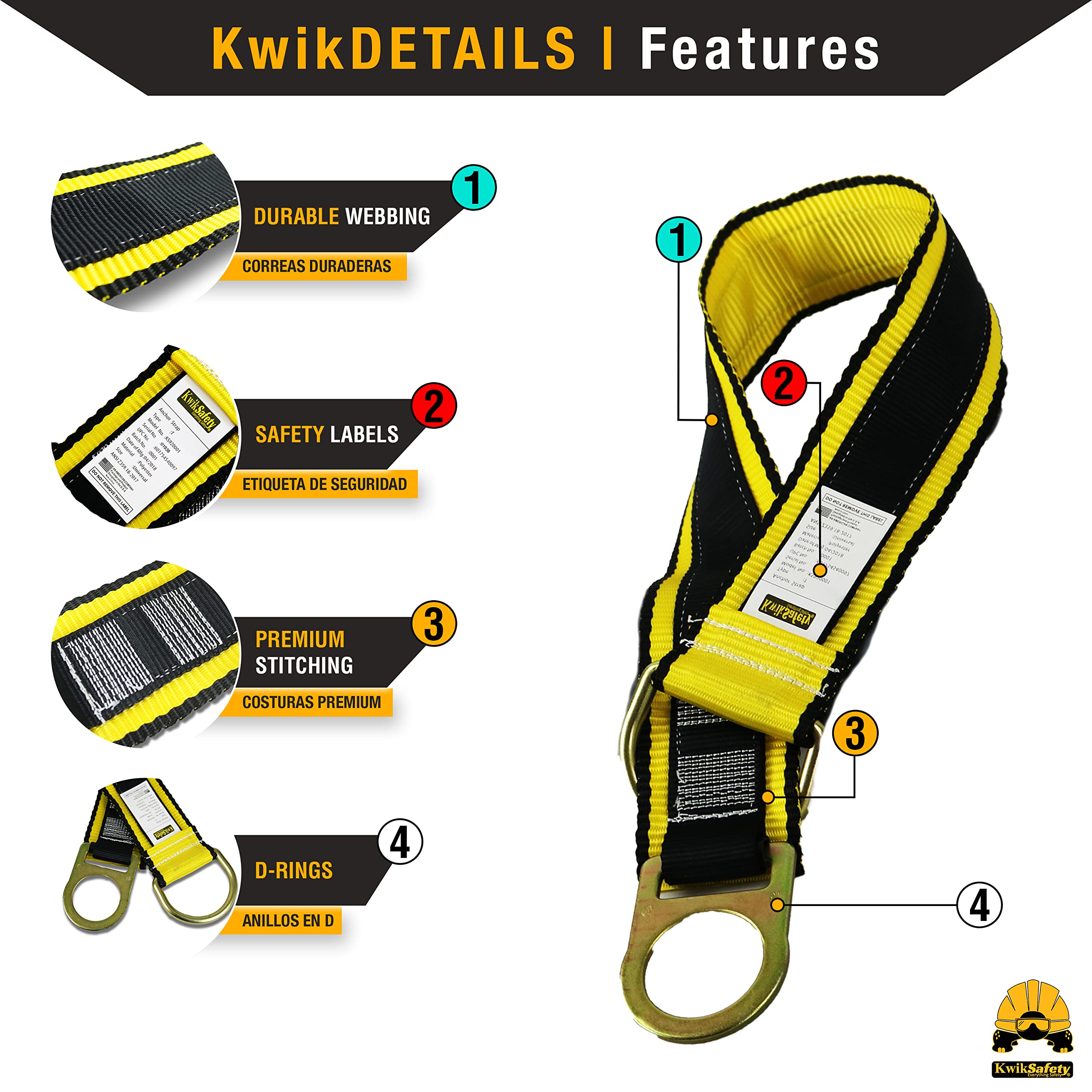 KwikSafety Gibbon Grip 3 ft Safety Anchor Cross Arm Strap Kit with 10 lb Tool Lanyard - ANSI/OSHA Compliant Fall Arrest System for Construction, Roofing & Climbing - Safety Harness & Lanyard for Work at Heights