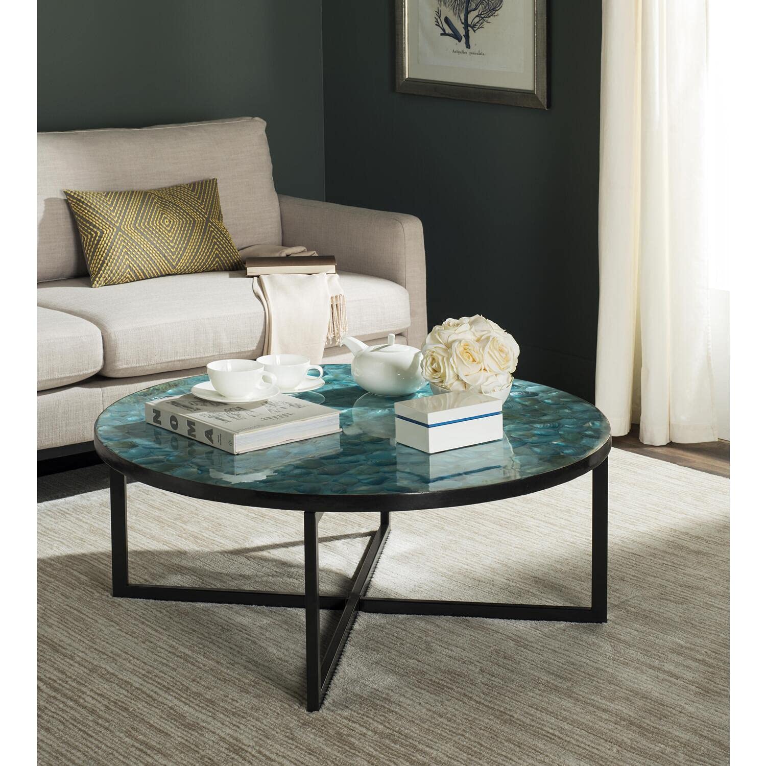 SAFAVIEH Home Collection Cheyenne Blue & White Coffee Table - Modern Living Room Centerpiece for Small Spaces & Apartment Decor