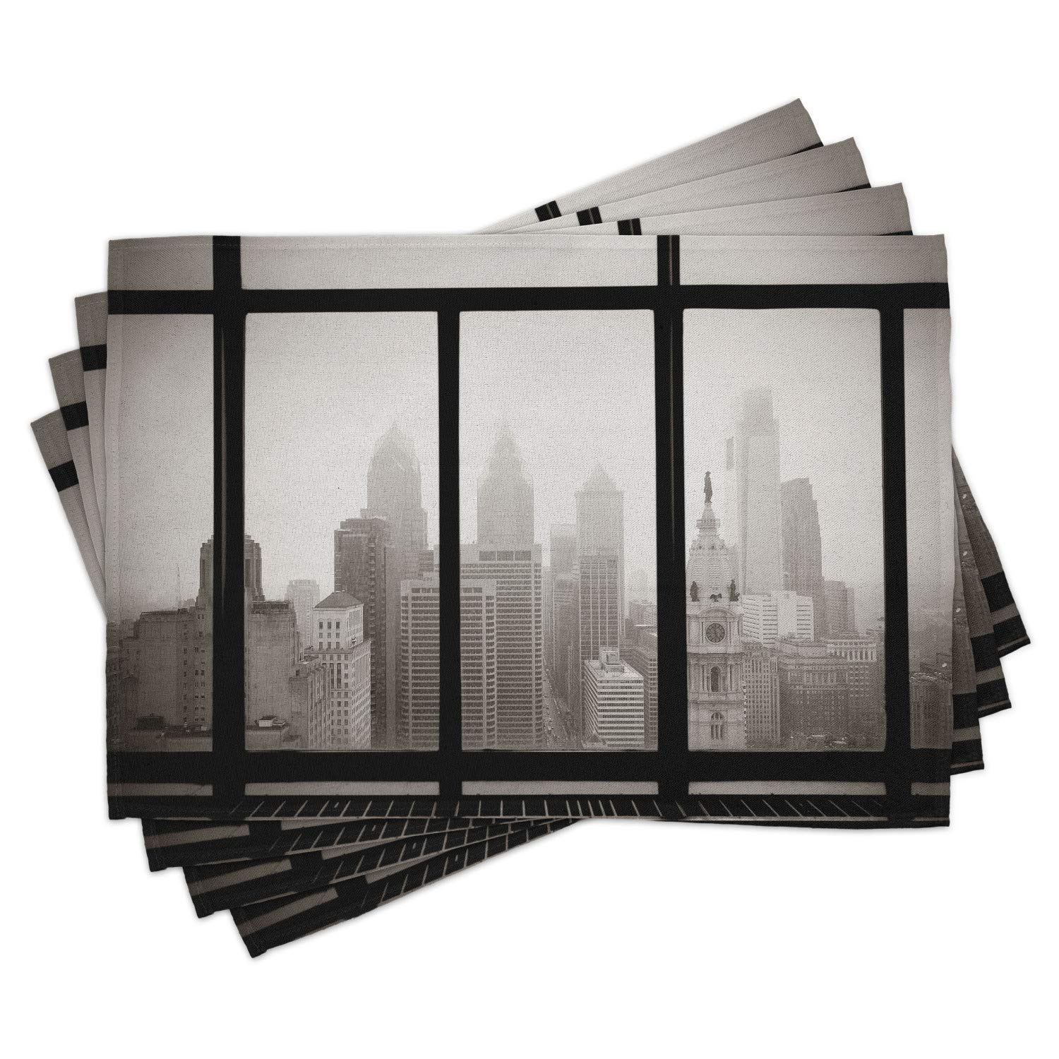 Ambesonne Philadelphia Skyline Placemats Set of 4 - Window View Cityscape Design, Washable Fabric Table Mats for Dining, Standard Size Gray Black - Perfect for Home Decor & Dinner Parties