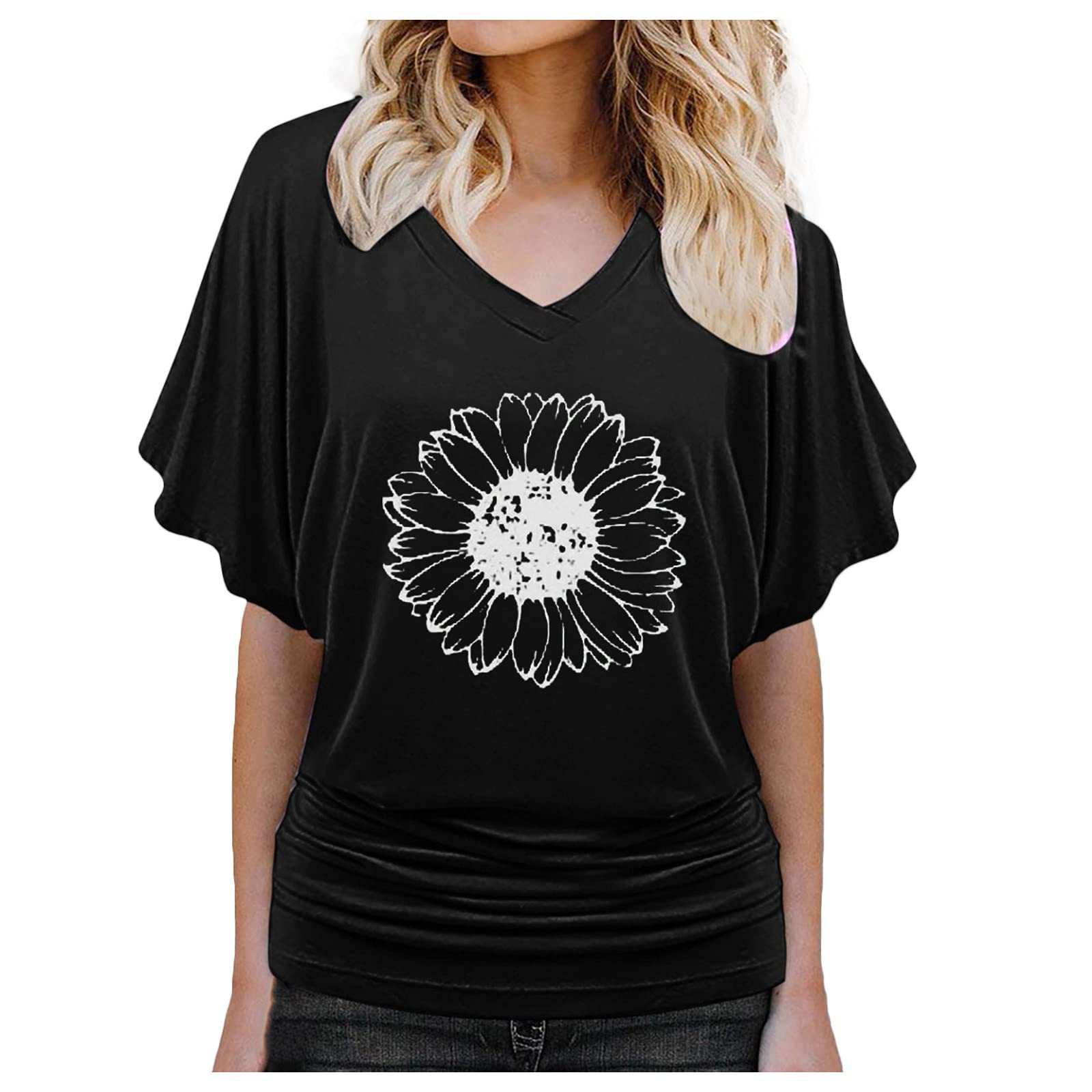 Women's Summer V-Neck T-Shirt - Sunflower Printed Ruffle Short Sleeve Casual Flowy Blouse (Black, XXL) | Perfect for Beach Outings, Picnics & Summer Vacations