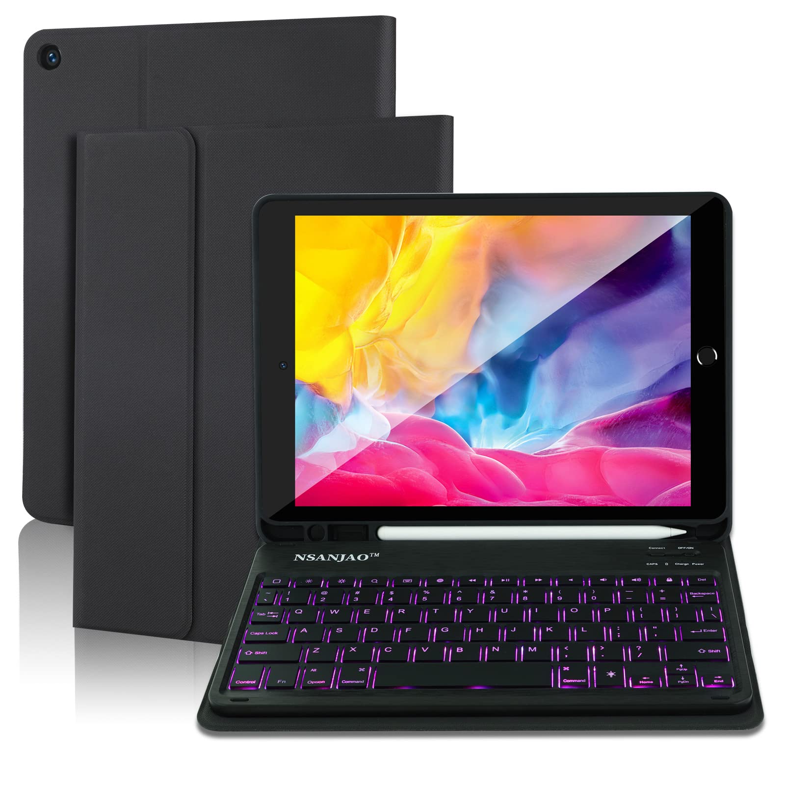 NSANJAO iPad 10.2 Keyboard Case with Backlit Keys - Compatible with iPad Pro 10.2 inch (2021 Model) - Slim Protective Cover with Detachable Keyboard - Perfect for Work, Study & Travel - Black