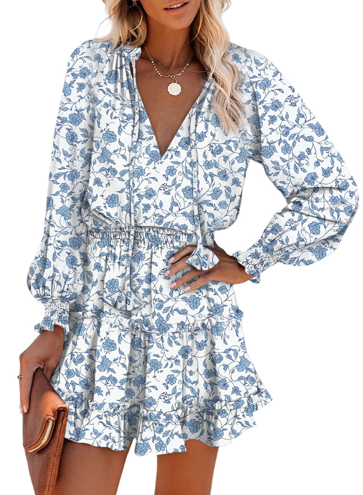2025 Boho Floral Print Chiffon Mini Dress with V-Neck, Long Sleeves & Tiered Ruffle - Dokotoo Women's Spring Smocked Waist Short Dress for Casual Outings & Garden Parties