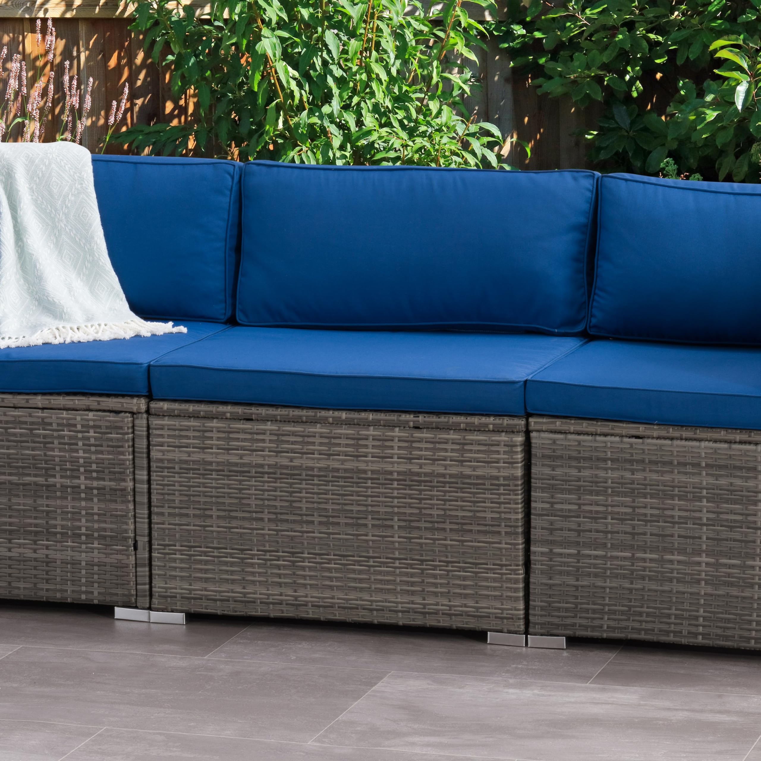 CorLiving Parksville Gray Wicker Rattan Patio Dining Chair with Blue Cushions - Outdoor Garden Furniture for Poolside, Deck, and Backyard Relaxation