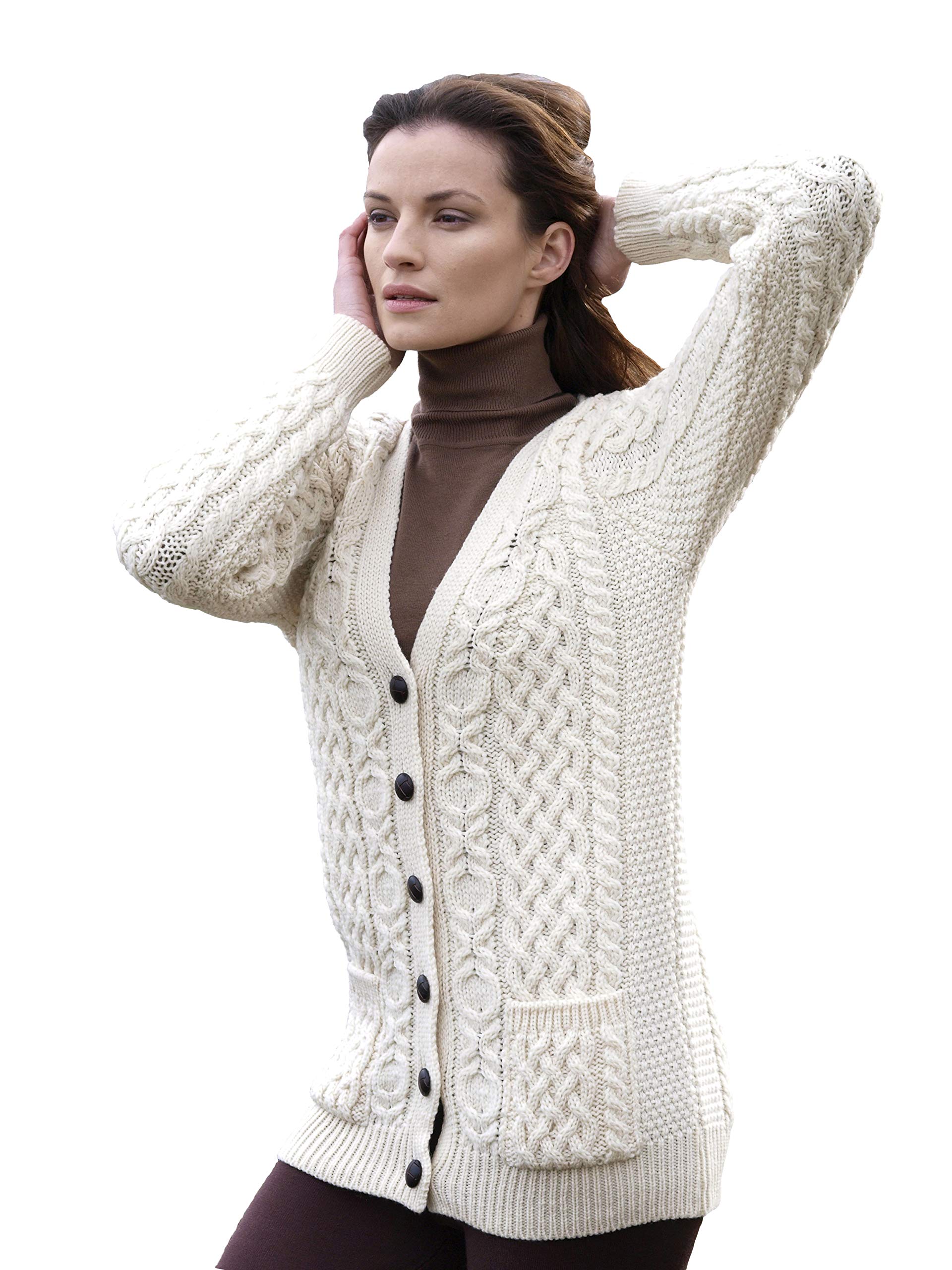 Aran Crafts Women's Irish Cable Knit Soft Buttoned Cardigan - 100% Merino Wool Sweater for Winter, Fall & Spring - Cozy Warm Pullover for Casual Outfits, Office Wear & Holiday Gatherings