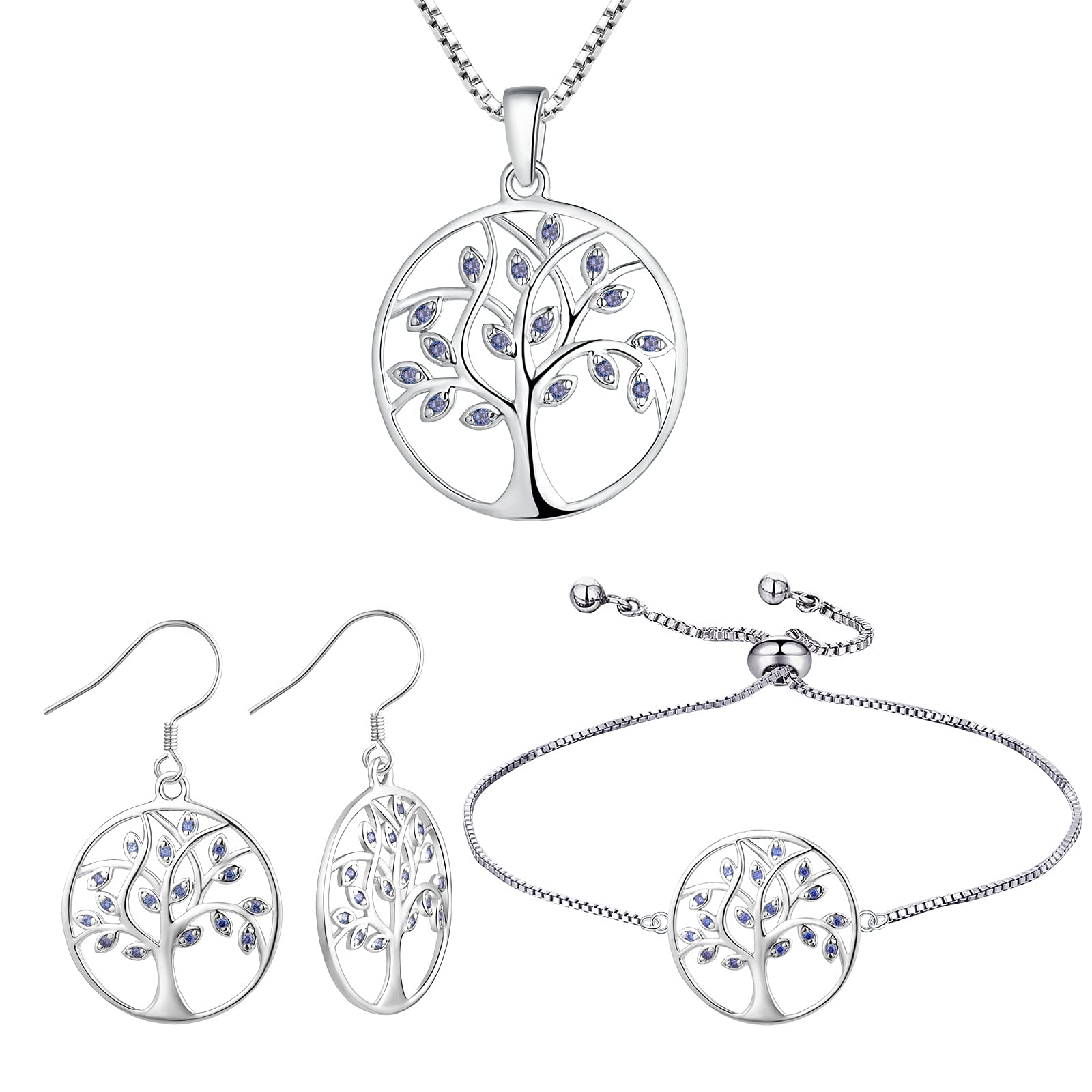 YL Tree of Life Pendant Necklace & 925 Sterling Silver Tanzanite Dangle Earrings Set - Round Family Jewelry Gift for Women | Perfect for Anniversaries, Birthdays, and Special Occasions