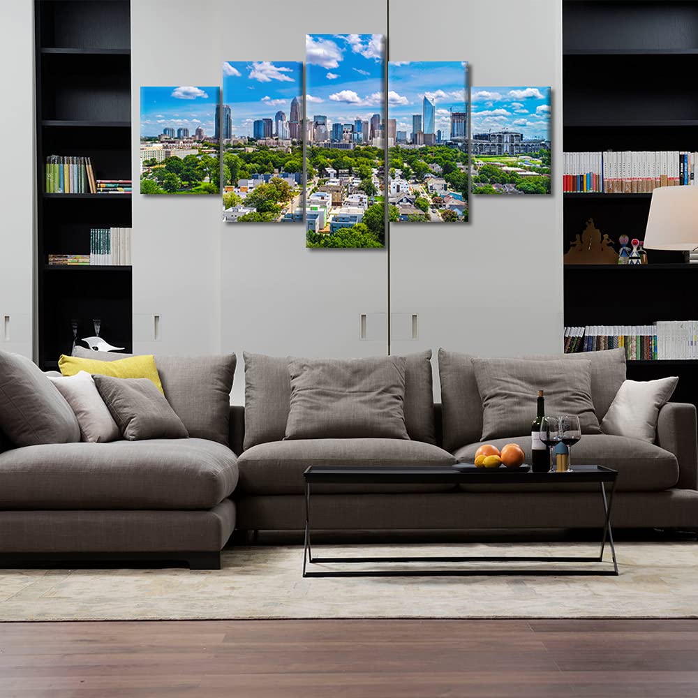 TUMOVO 5-Panel Canvas Wall Art - Charlotte North Carolina Cityscape Skyline Painting, Modern Home Decor for Living Room, Stretched & Framed Ready to Hang (60