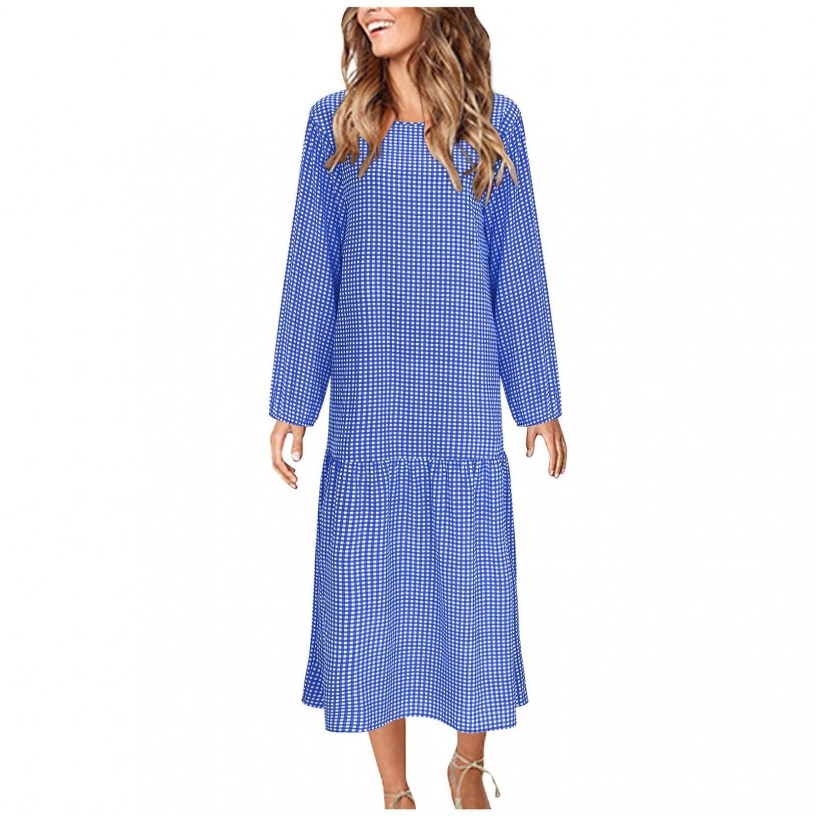 Plus Size Long Sleeve Mini Dress Women - Vintage Plaid Print Crewneck Ankle-Length Casual Sundress - Perfect for Fall Outfits, Date Nights & Holiday Parties