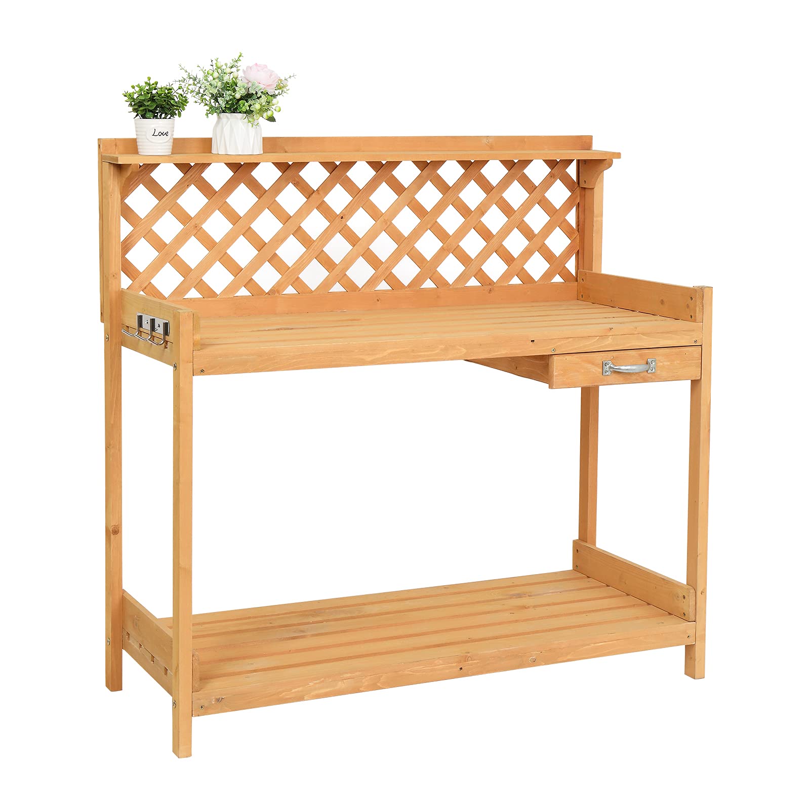 Premium Wooden Garden Workbench with Drawer - Outdoor Potting Table with Cabinet, Open Shelf & Lattice Back - Natural Finish for Gardening, DIY Projects & Outdoor Workspace