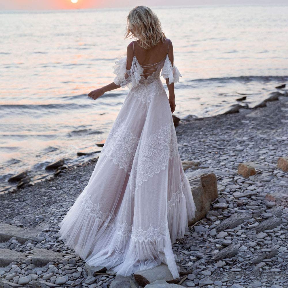 Elegant V-Neck Lace Wedding Dress with Ruffle Sleeves - Boho Chic Beach Wedding Gown for Outdoor Ceremonies | Perfect for Beach, Garden & Destination Weddings