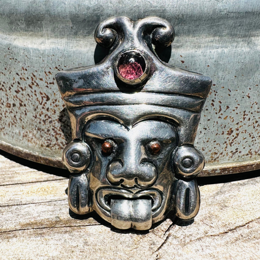Vintage Mexican Aztec Tlaltecuhtli Pin - Sterling Silver & Purple Glass Brooch - Handmade Ethnic Jewelry for Women - Perfect for Boho Outfits, Cultural Events & Gift Giving
