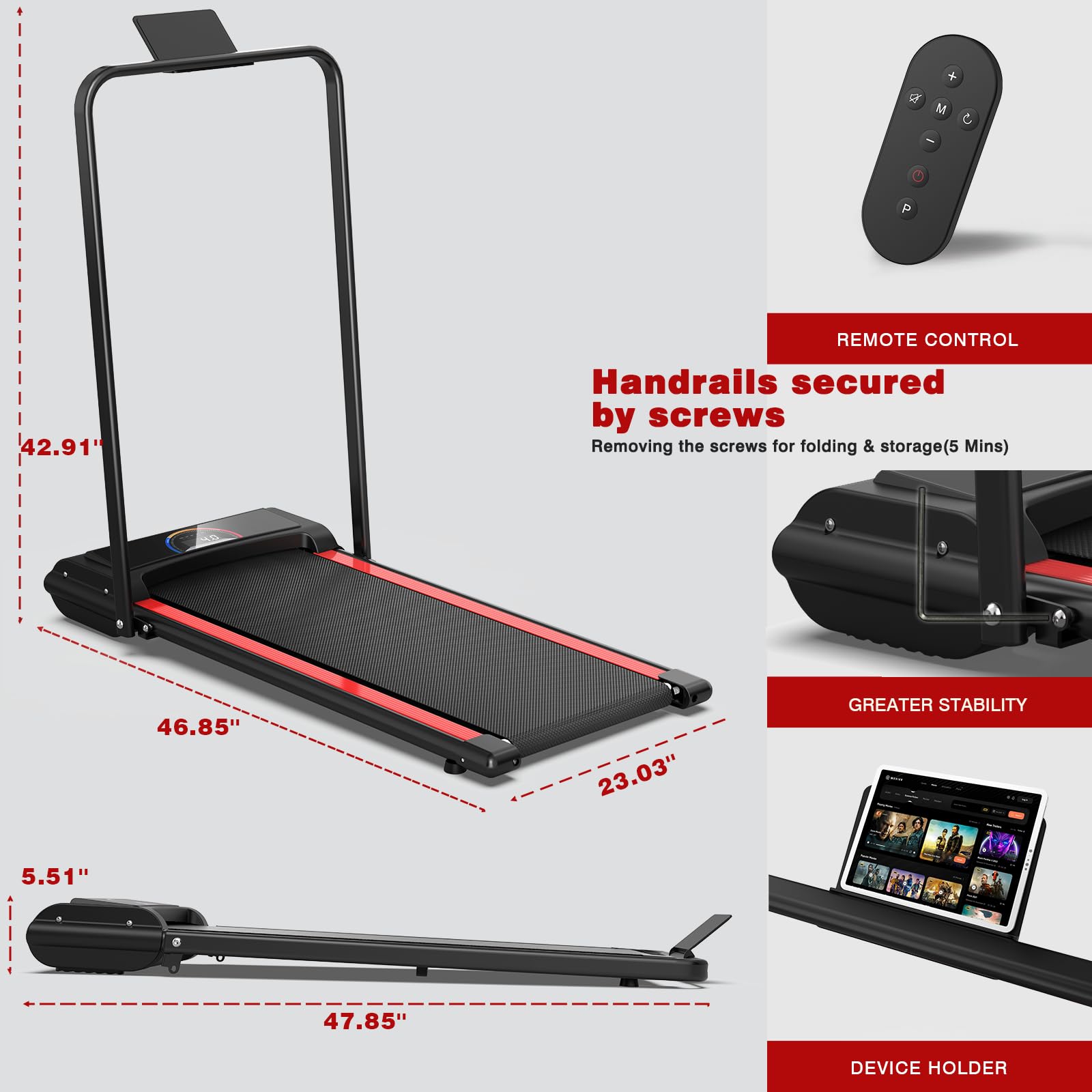 Foldable Under Desk Treadmill with Handle Bar - 300 lb Capacity Compact Walking Pad for Home & Office - Remote Control Mini Treadmill for Walking & Light Jogging - Perfect for Small Spaces, Home Gym & Workstation Fitness