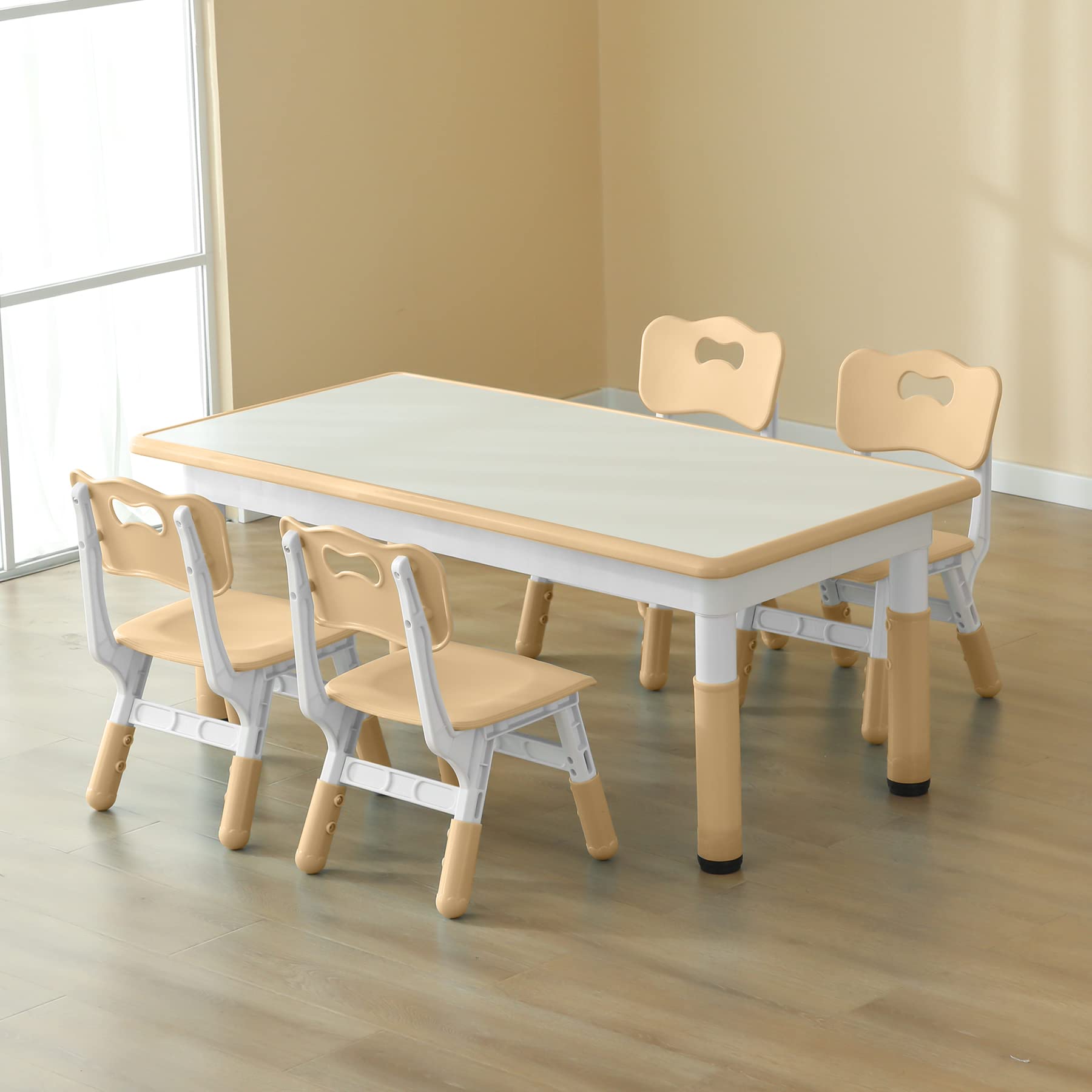 CuFun Adjustable Kids Table and Chairs Set - 4-Piece Study & Dining Table for Toddlers Ages 2-10, Height-Adjustable Children's Activity Table with Graffiti Surface - Perfect for Daycare, Preschool Learning & Home Play (Beige)