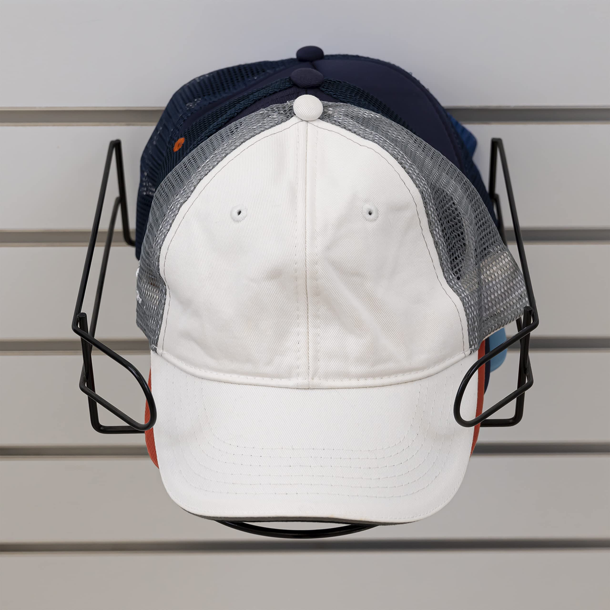 Black/Chrome/White Slatwall Cap Display Rack - Fitted Hats, Snapback Hats & Baseball Caps Organizer (Set of 2) - Perfect for Retail Stores, Hat Shops & Boutique Displays