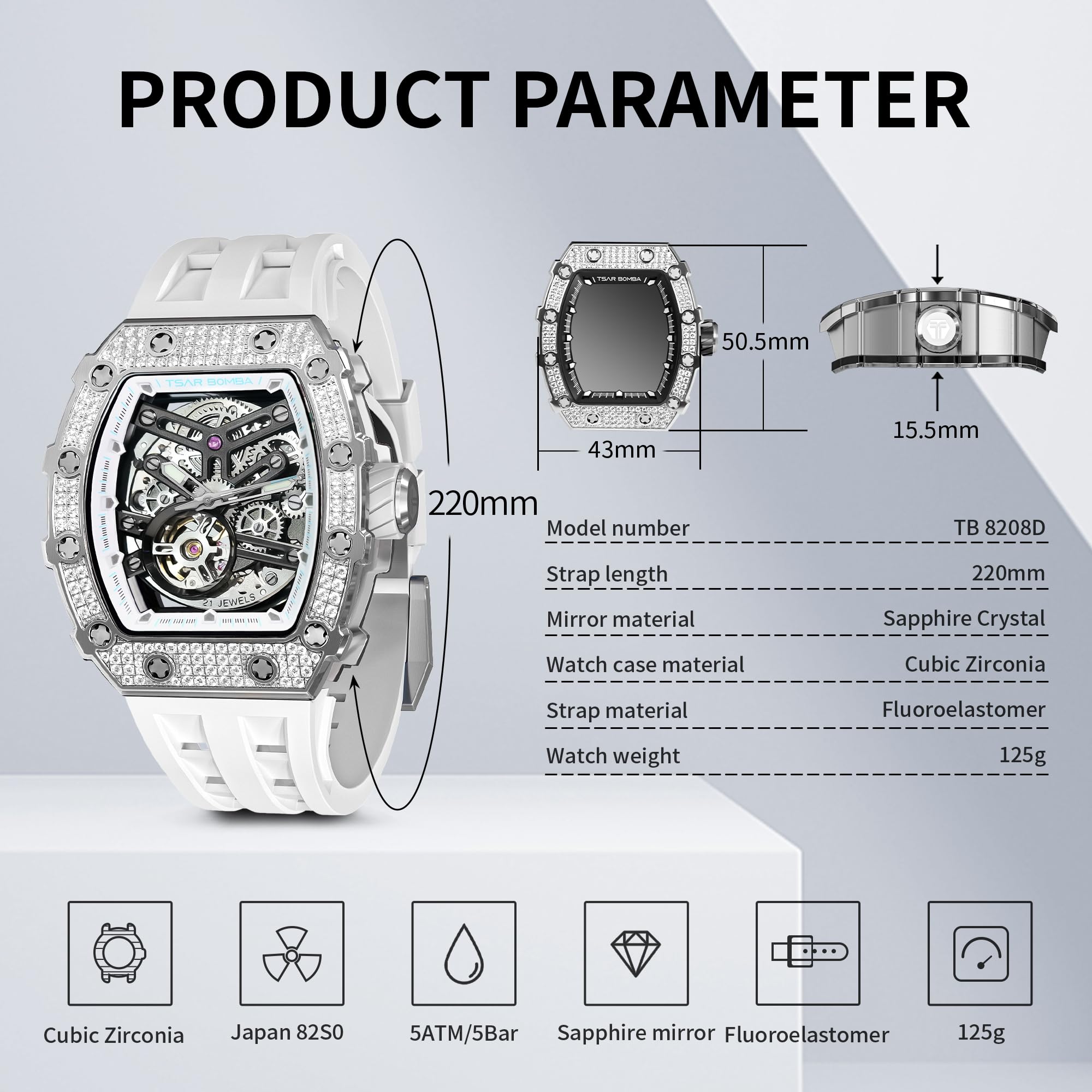 Luxury Men's Automatic Skeleton Watch - Mechanical Tonneau Square Big Face Dial with Silicone Strap, 50M Waterproof - Perfect for Business, Formal Events & Everyday Wear