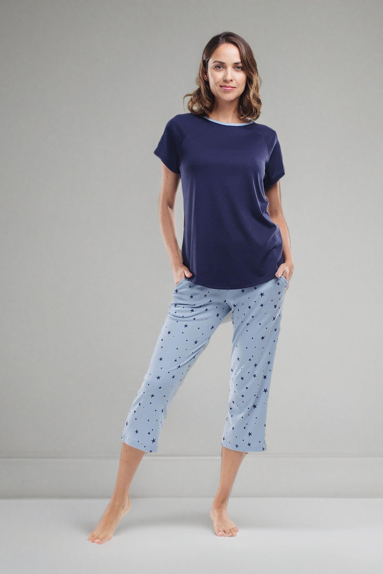 Premium Pima Cotton Women's Pajama Set - Ultra Soft Sleepwear with Capri Pants & Short Sleeve Top for Lounge, Travel & Relaxation at Home