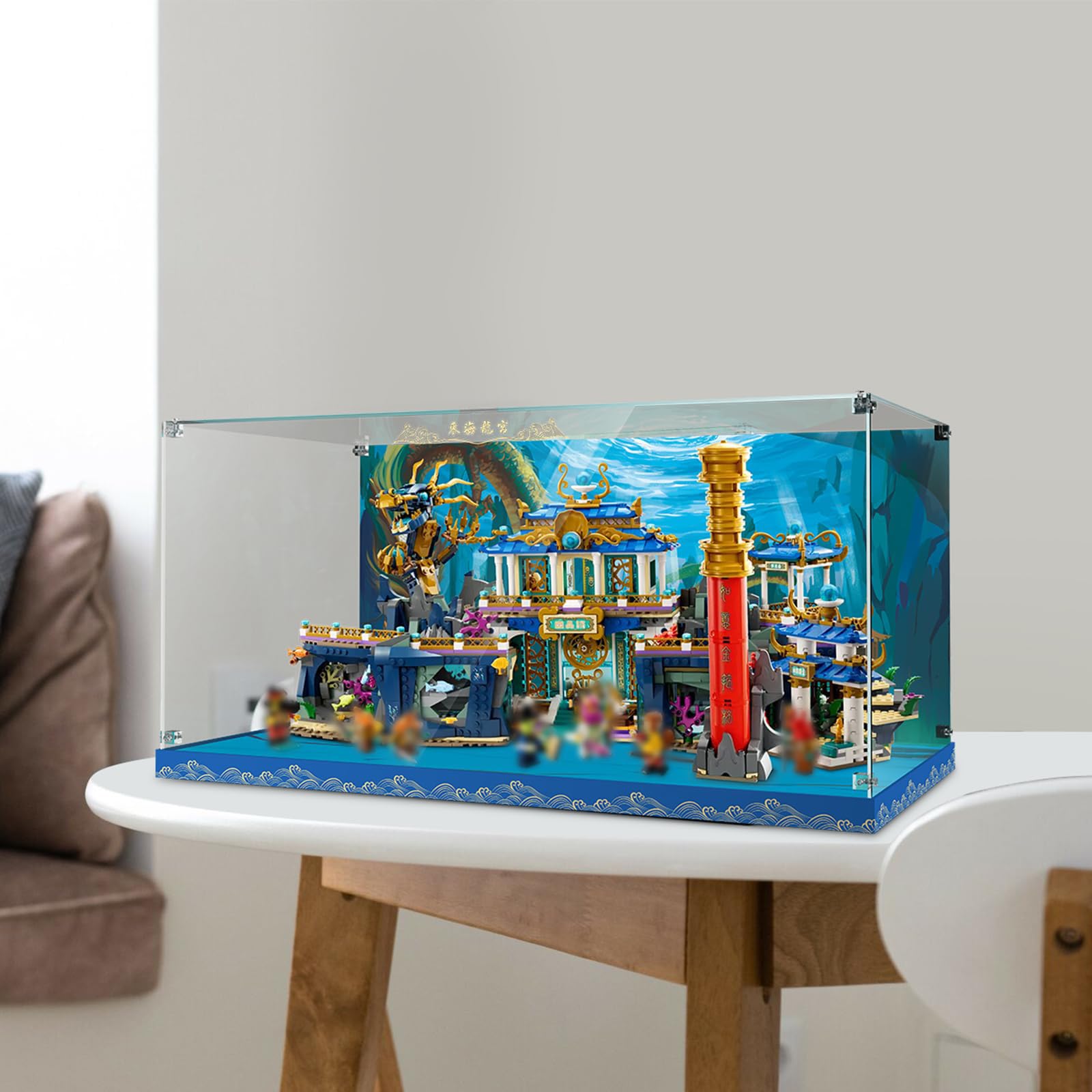 Acrylic Display Case for Lego Monkie Kid 80049 Dragon of The East Palace Building Set - Clear Protective Cover with Base & HD Painted Background | Perfect for Showcasing Collectible Lego Models at Home or Office
