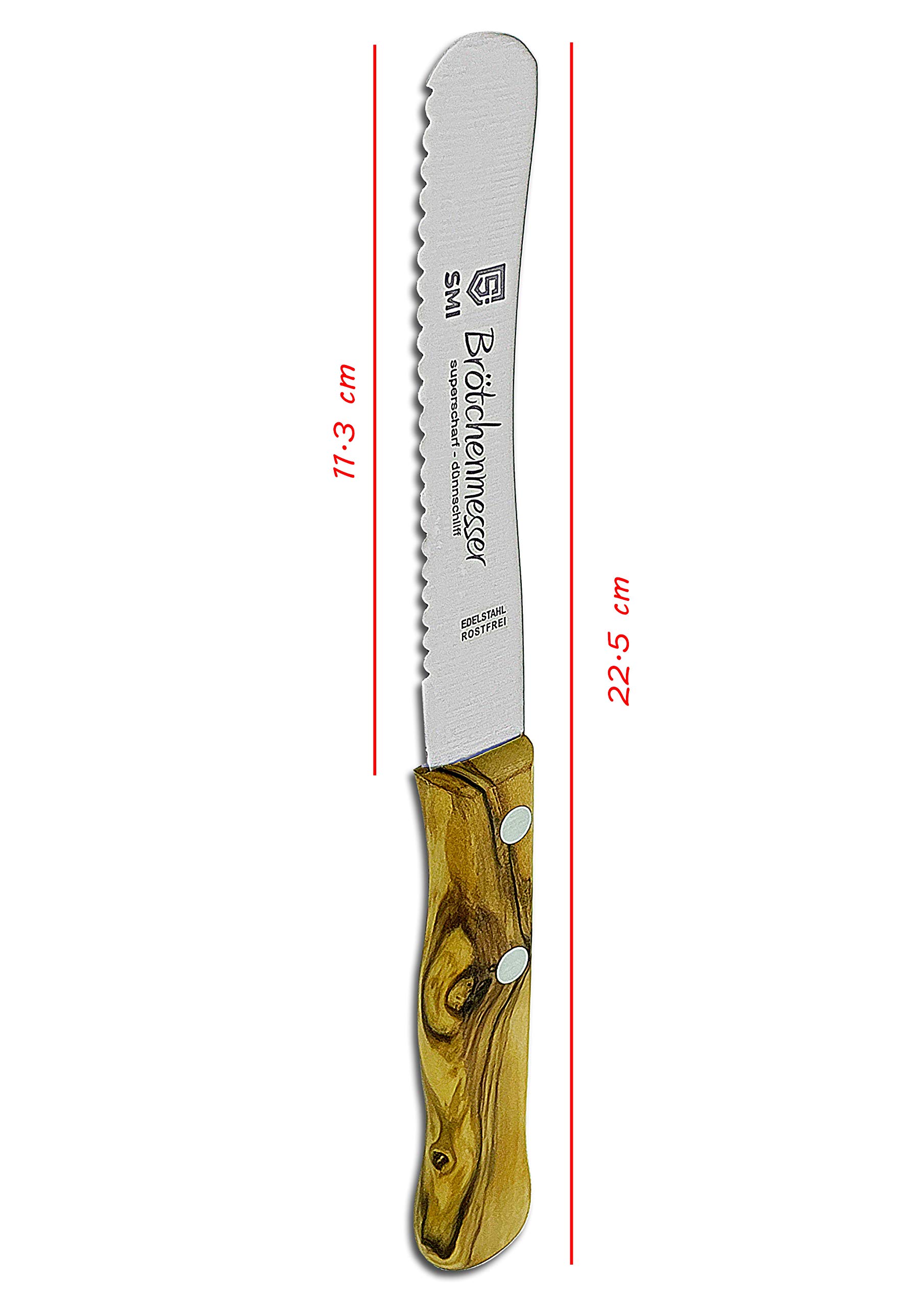 11.3cm Serrated Bread Knife with Olive Wood Handle - Wide Blade Butter Spreader & Table Knife for Slicing Bread, Cheese & Fruits - Hand Wash Only