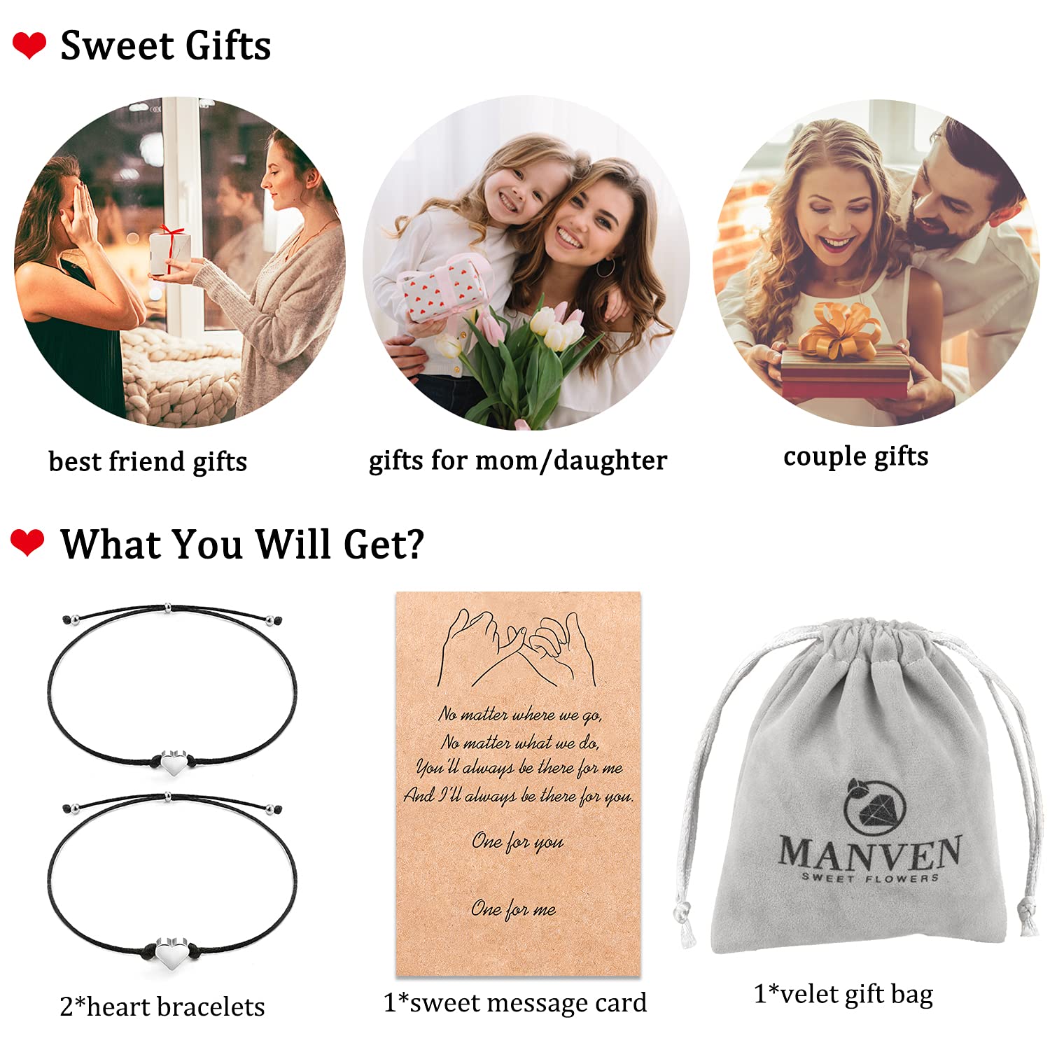 MANVEN Matching Couple Bracelets for Best Friends - Pinky Promise Friendship Bracelets for Women & Men - Romantic Birthday Gifts for Couples, Family & Sisters - Perfect for Anniversaries, Valentine's Day & Special Occasions