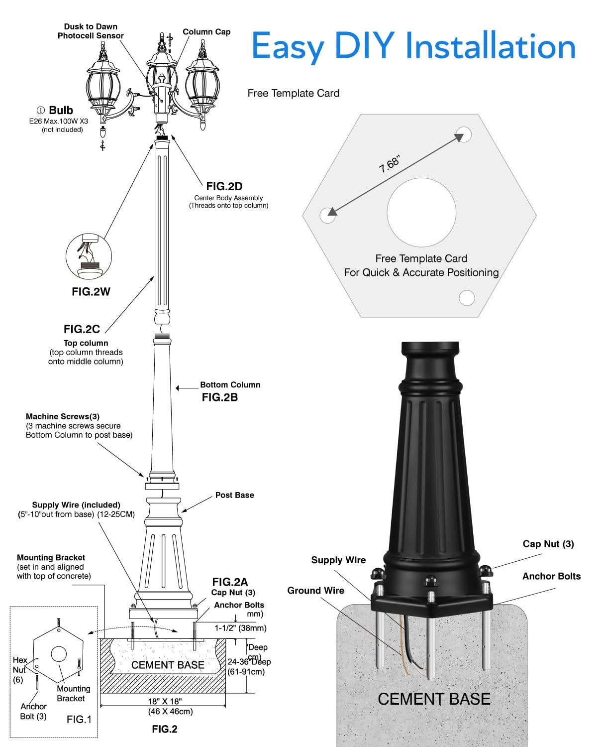 VIANIS 3-Head Outdoor Lamp Post with Dusk to Dawn Sensor - Waterproof Aluminum Street Light with Tempered Glass for Garden, Backyard, Driveway & Christmas Decor - Perfect for Landscape Lighting and Holiday Illumination