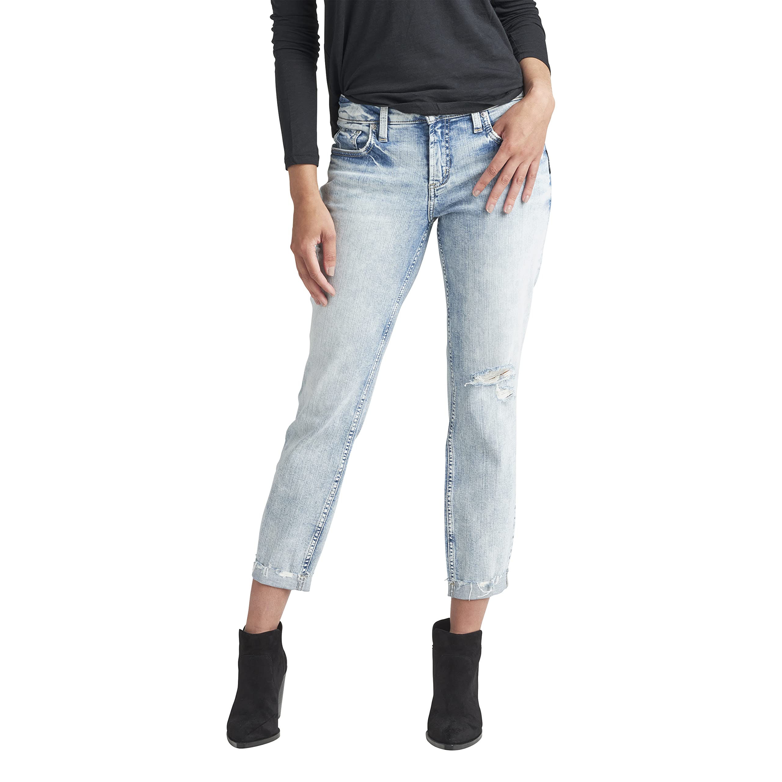 Silver Jeans Co. Women's Boyfriend Fit Mid Rise Slim Leg Jeans - Comfortable Stretch Denim Pants for Casual Wear & Everyday Outfits