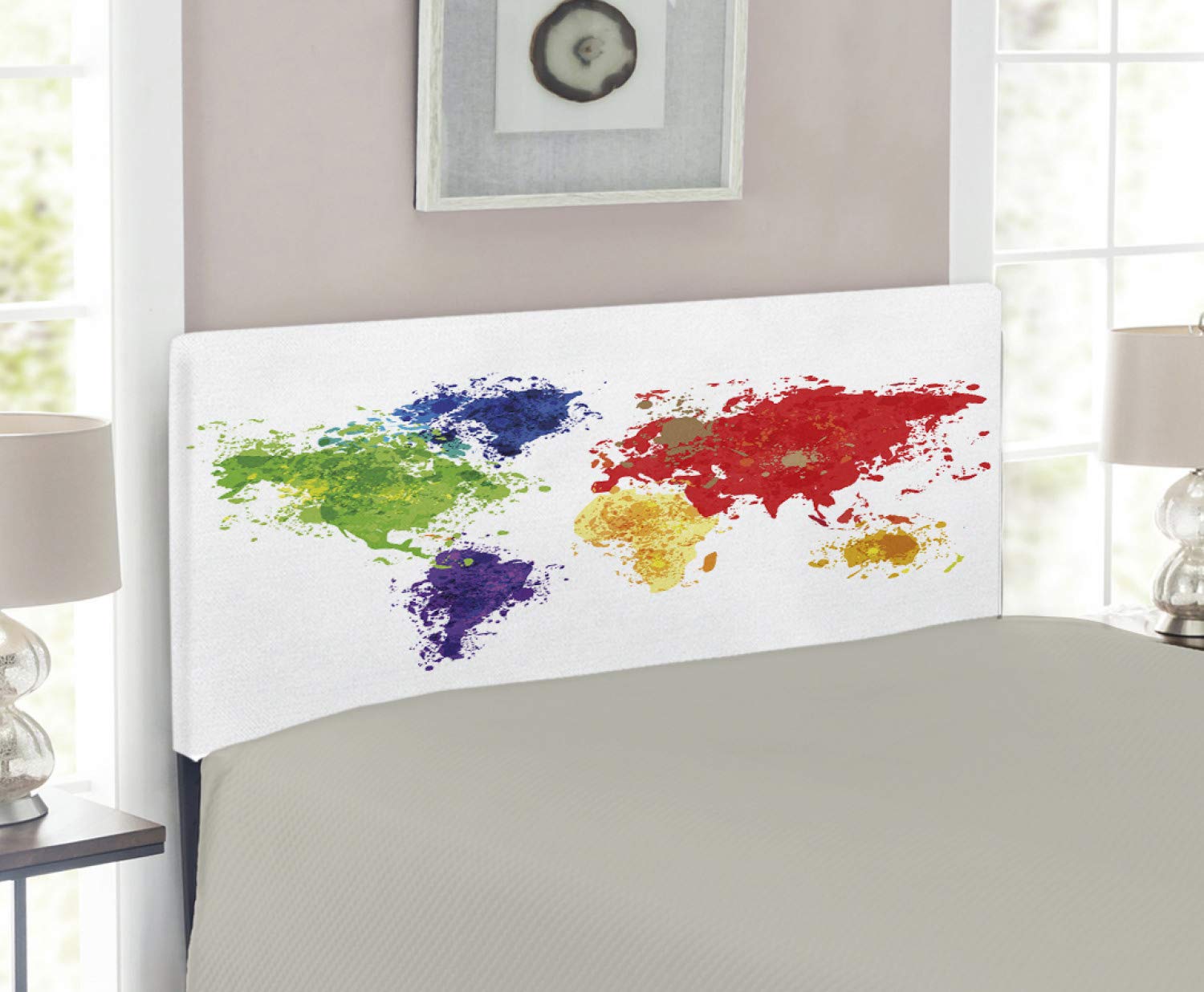 Ambesonne Abstract Colorful World Map Headboard - Twin Size Upholstered Metal Bed Frame with Memory Foam | Red, Purple & Yellow Art Print | Perfect for Kids' Rooms, Dorm Decor & Modern Bedroom Design