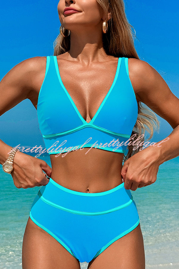 High Waist Solid Color Contrast Stretch Bikini Swimsuit - Sexy & Comfortable Swimwear for Beach, Pool & Summer Vacation
