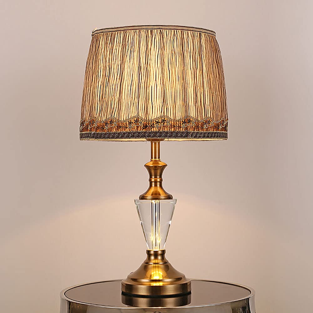 Vintage Metal Crystal Table Lamp with Fabric Shade - E27 1-Light Bedside Desk Lamp for Nordic Bedroom, Nightstand, Living Room, Study - 20.09