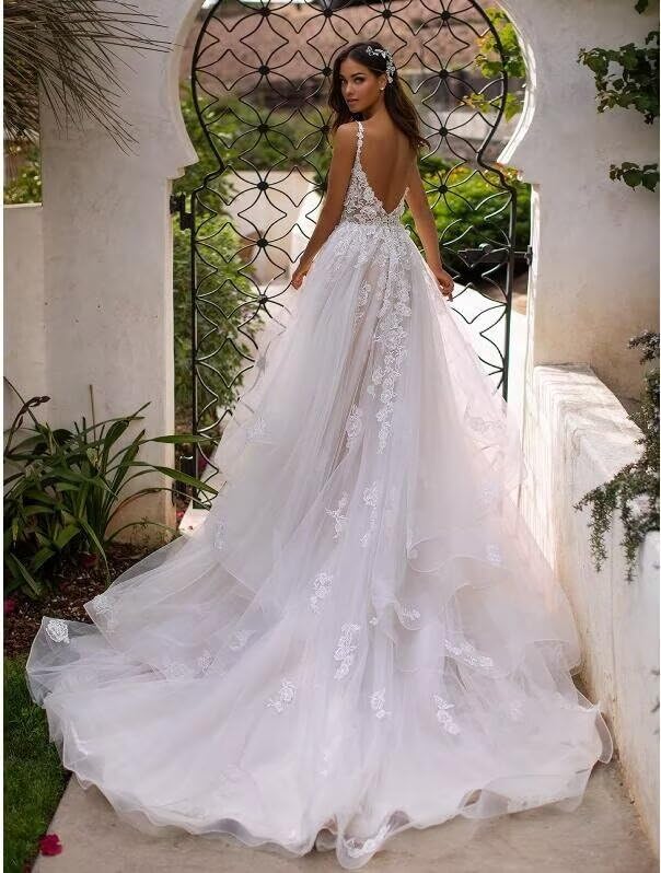 2024 Elegant Lace Applique Wedding Dress for Women - Spaghetti Straps Long Formal Gown with Train | Perfect for Bridal Ceremony, Reception & Romantic Photoshoots