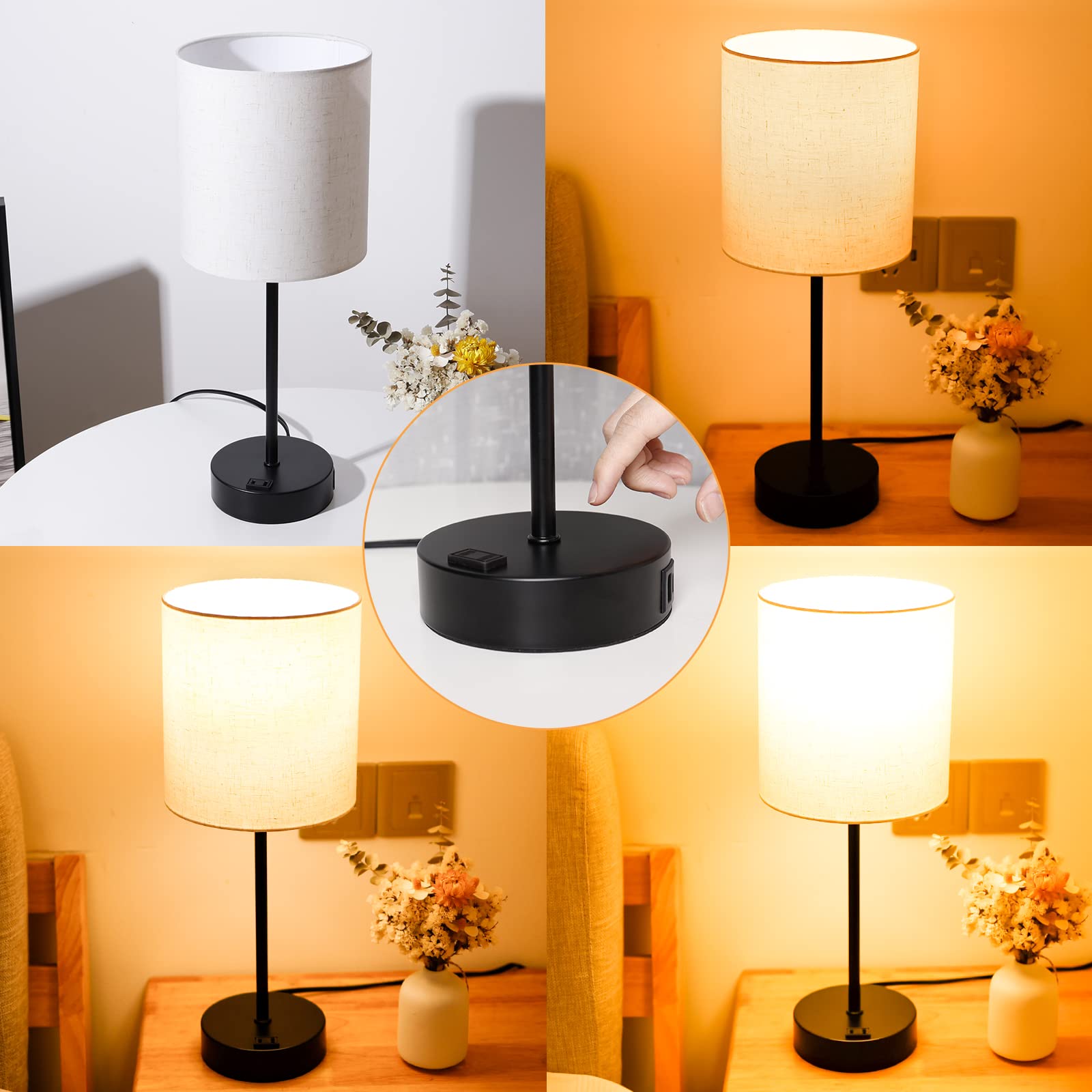 3-Way Dimmable Touch Table Lamp with Round White Lampshade - Set of 2 LED Bedside Lamps for Bedroom, Living Room, Dorm & Home Office - Perfect for Reading, Nightstand Lighting & Ambient Decor (Black)