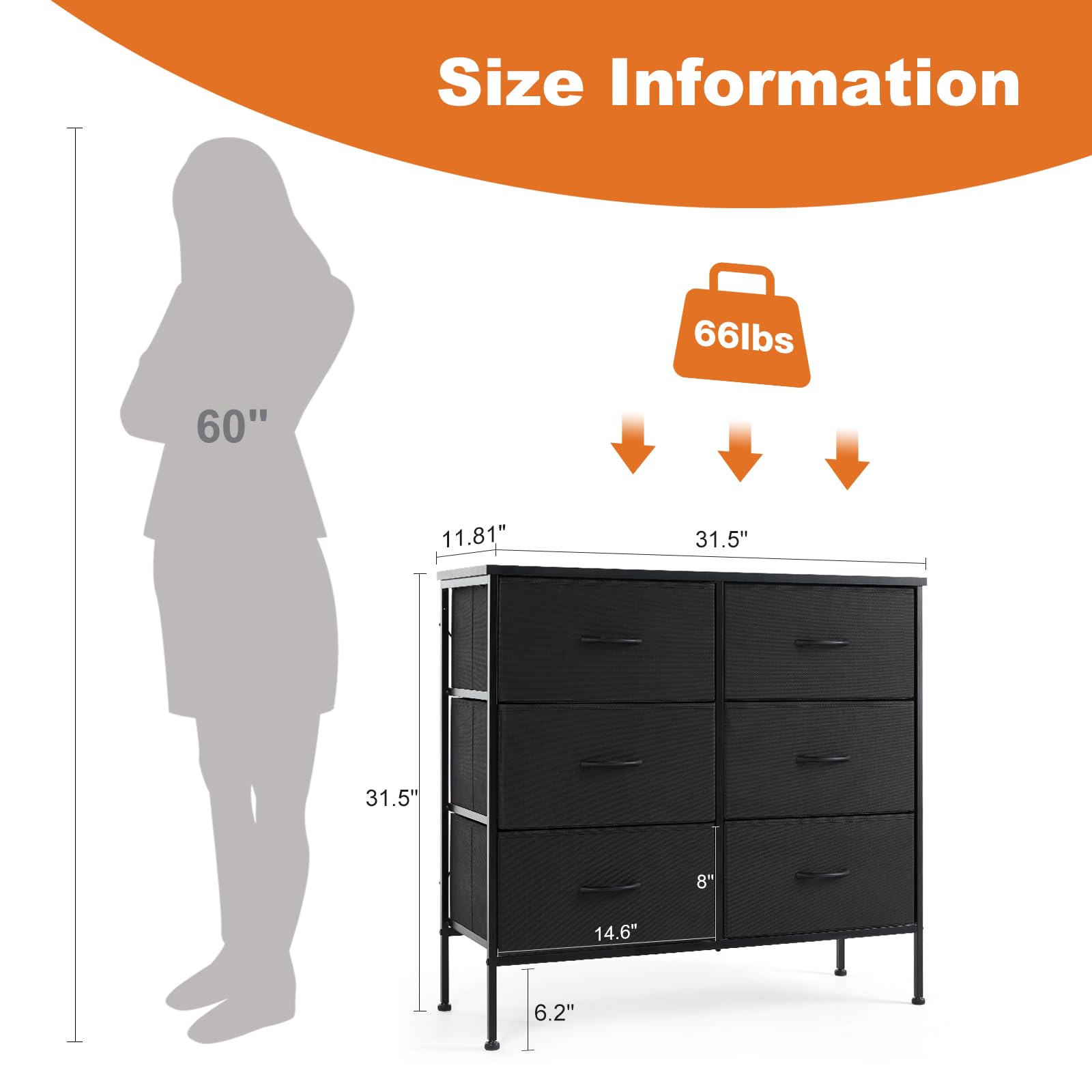 6-Drawer Fabric Dresser for Bedroom & Closet - Black Storage Tower with Wood Top | Space-Saving Organizer for Small Spaces
