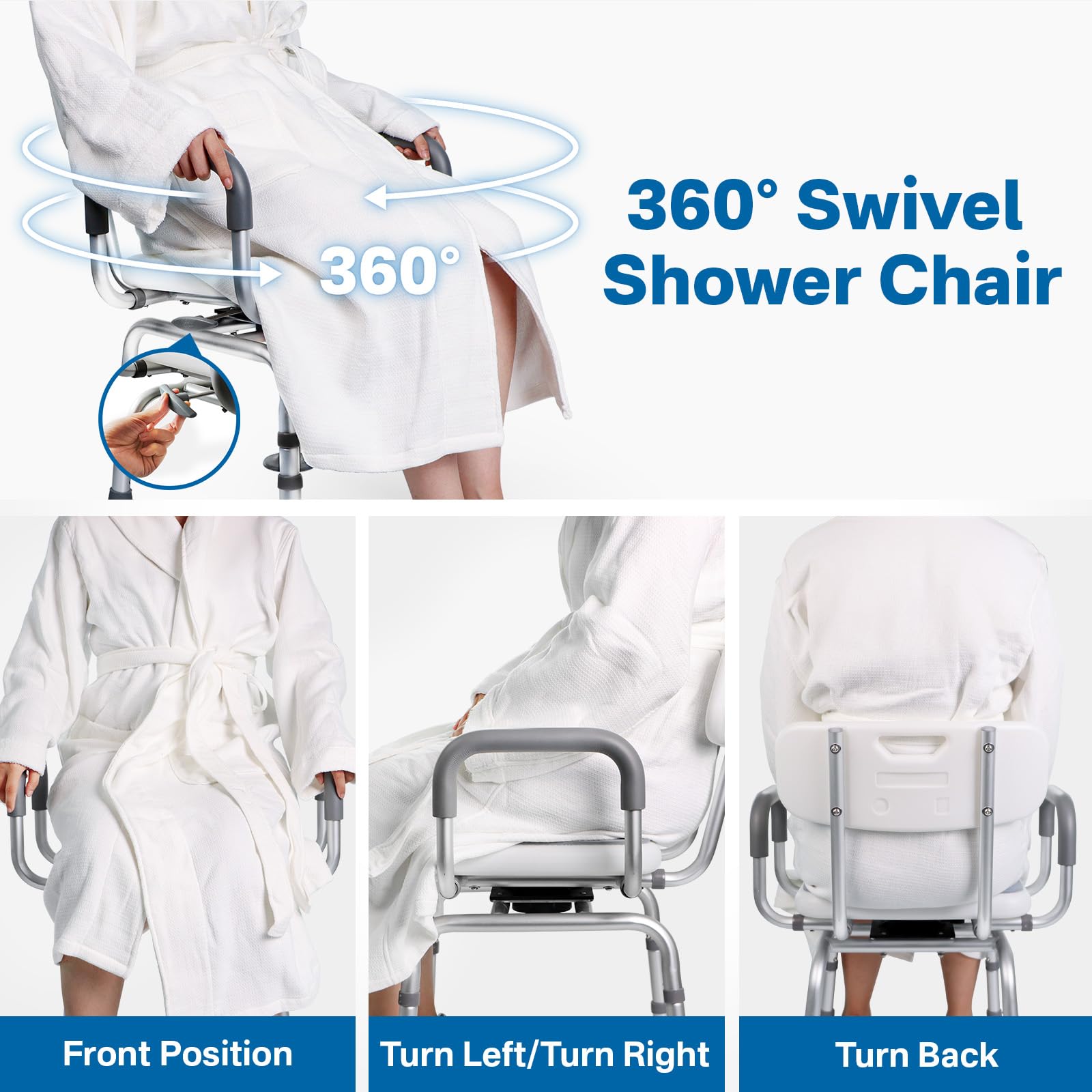 Eosprim 360° Swivel Shower Chair for Bathtub - Adjustable Height Bath Seat with Padded Backrest & Armrests - Non-Slip Rotating Shower Stool for Elderly & Disabled - Ideal for Bathroom Safety and Mobility Assistance