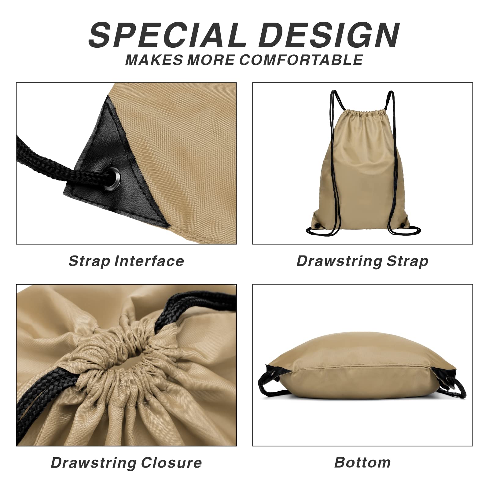 Lightweight 210D Nylon Drawstring Backpack with Zipper Side Pocket - Foldable Gym Sack for Men & Women - Perfect for Sports, Travel & School (Khaki)