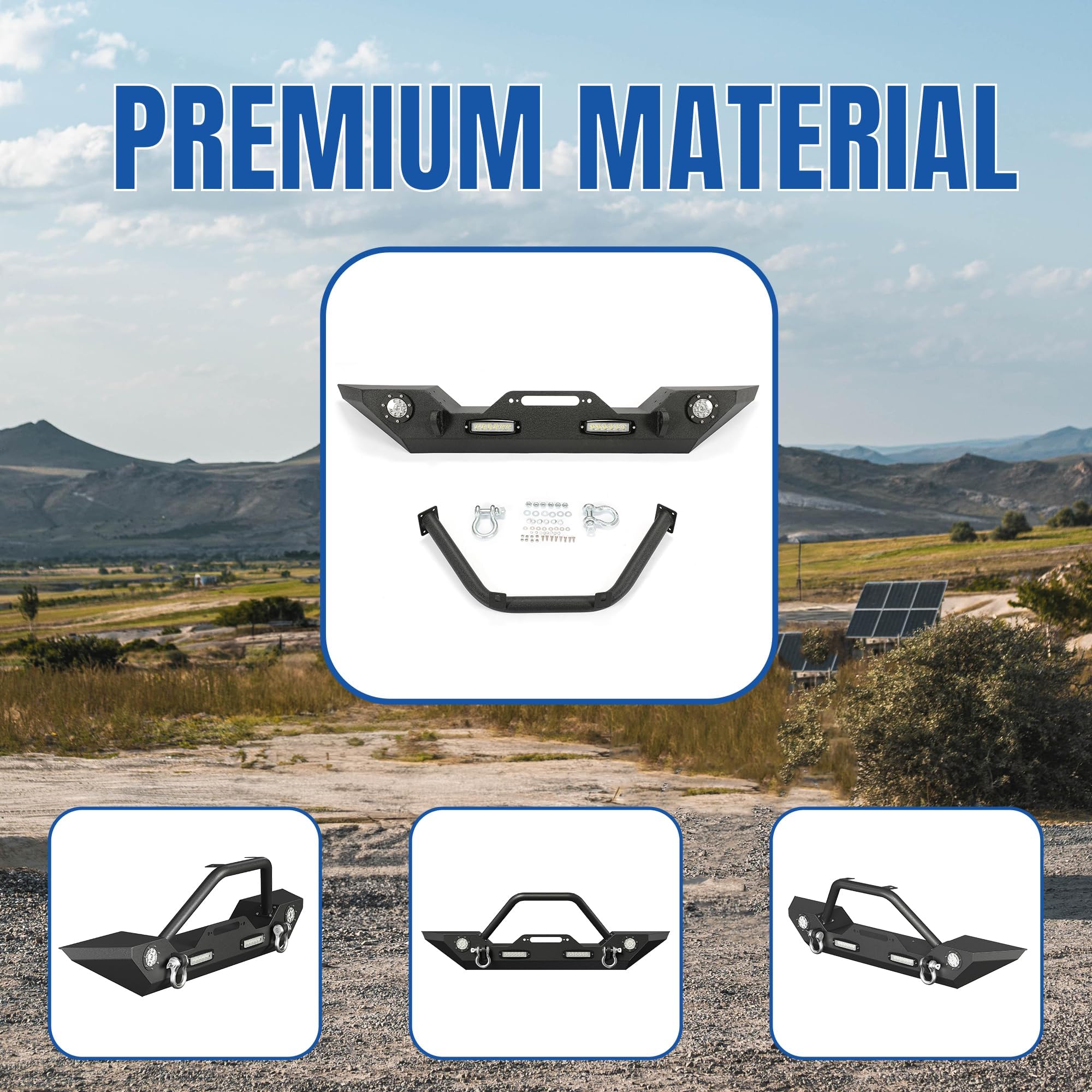 KUAFU Black Front Bumper with LED Lights, D-Rings & Winch Plate - Compatible with 2007-2025 Jeep Wrangler JK, Unlimited JL & Gladiator JT | Off-Road Adventure & Truck Protection Accessory