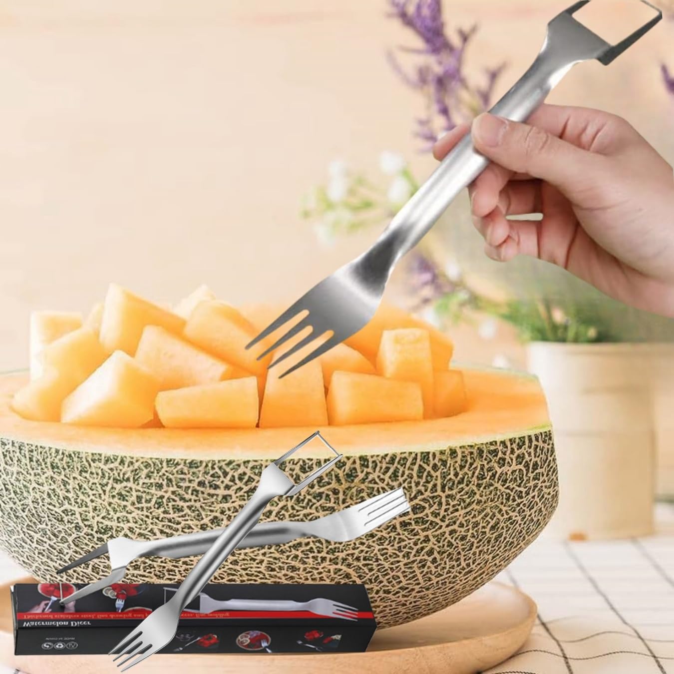 2024 New 2-in-1 Stainless Steel Watermelon Fork Slicer - Double Ended Fruit Cutter & Slicing Knife for Watermelon, Melon, Pineapple (1pc) - Perfect for BBQs, Picnics & Summer Parties