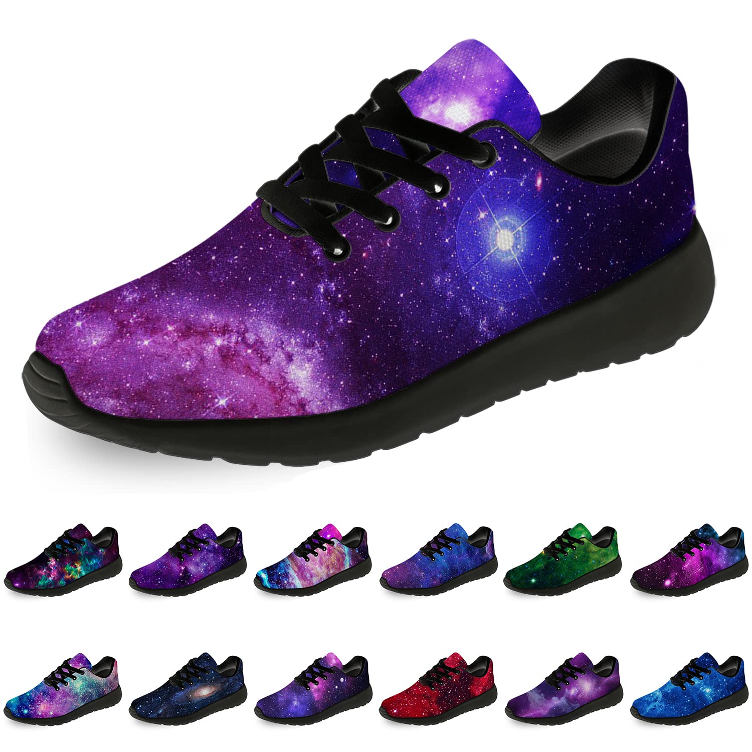 Galaxy Print Running Shoes for Women & Men - Space Nebula Design Walking & Tennis Sneakers - Size 8.5 Men/10 Women - Perfect for Jogging, Gym Workouts & Casual Wear - Black Purple Cosmic Pattern Athletic Shoes