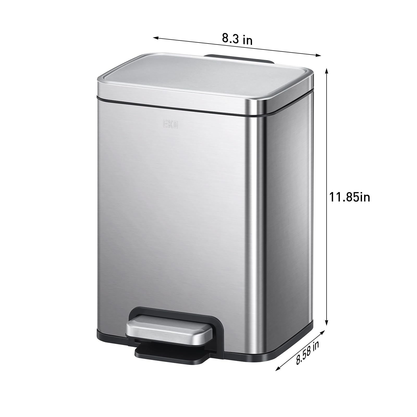 EKO Madison 6L / 1.6 Gal Rectangular Bathroom Trash Can with Lid & Removable Basket - Brushed Stainless Steel Step Trash Bin for Bathroom, Kitchen, Office & Bedroom Waste Disposal