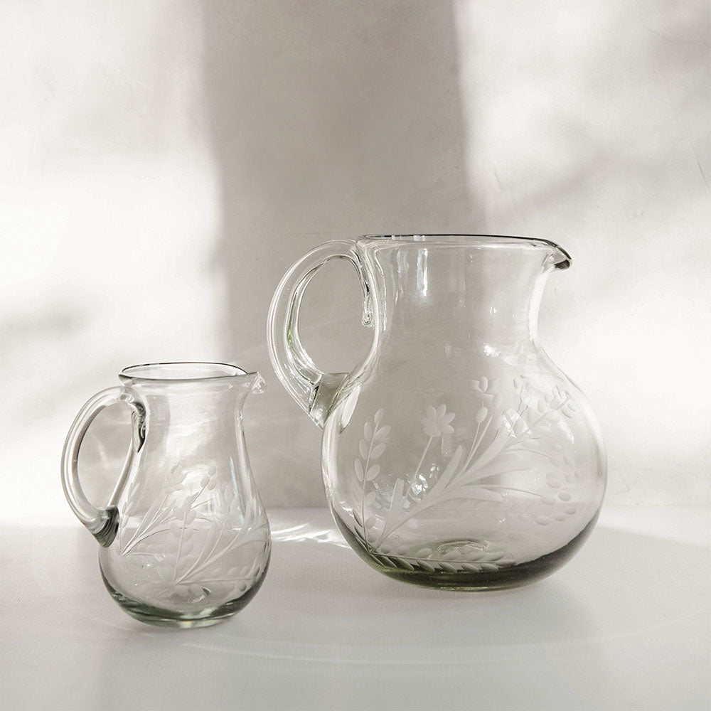 Handcrafted Round Etched Glass Pitcher - Elegant Artisan Design for Iced Tea, Lemonade & Cocktails - Perfect for Entertaining & Home Decor
