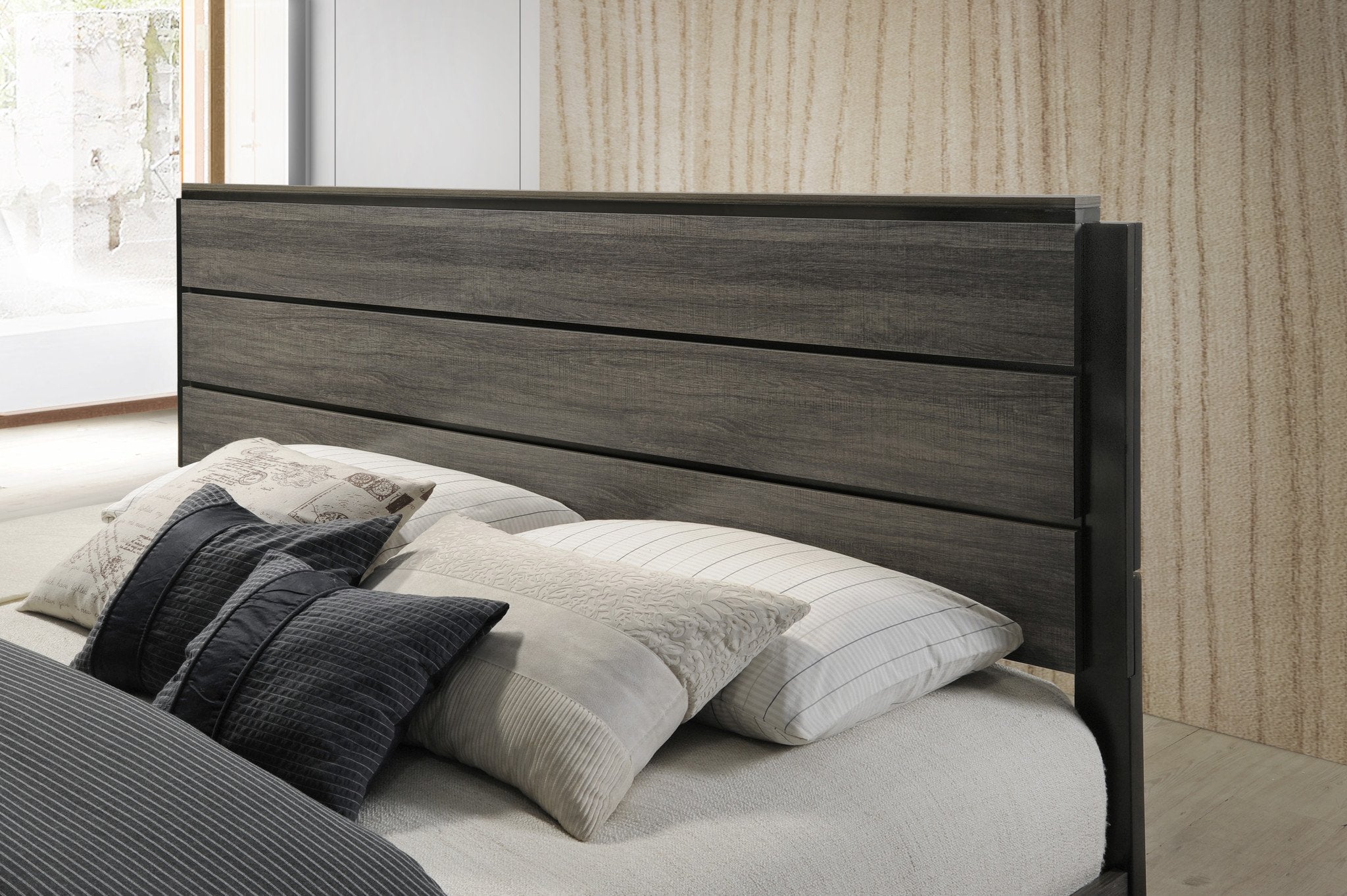 Ioana Contemporary Wood Panel Bed Frame - Gray Finish Queen Size, Modern Platform Bed with Headboard for Bedroom, Guest Room, or Master Suite