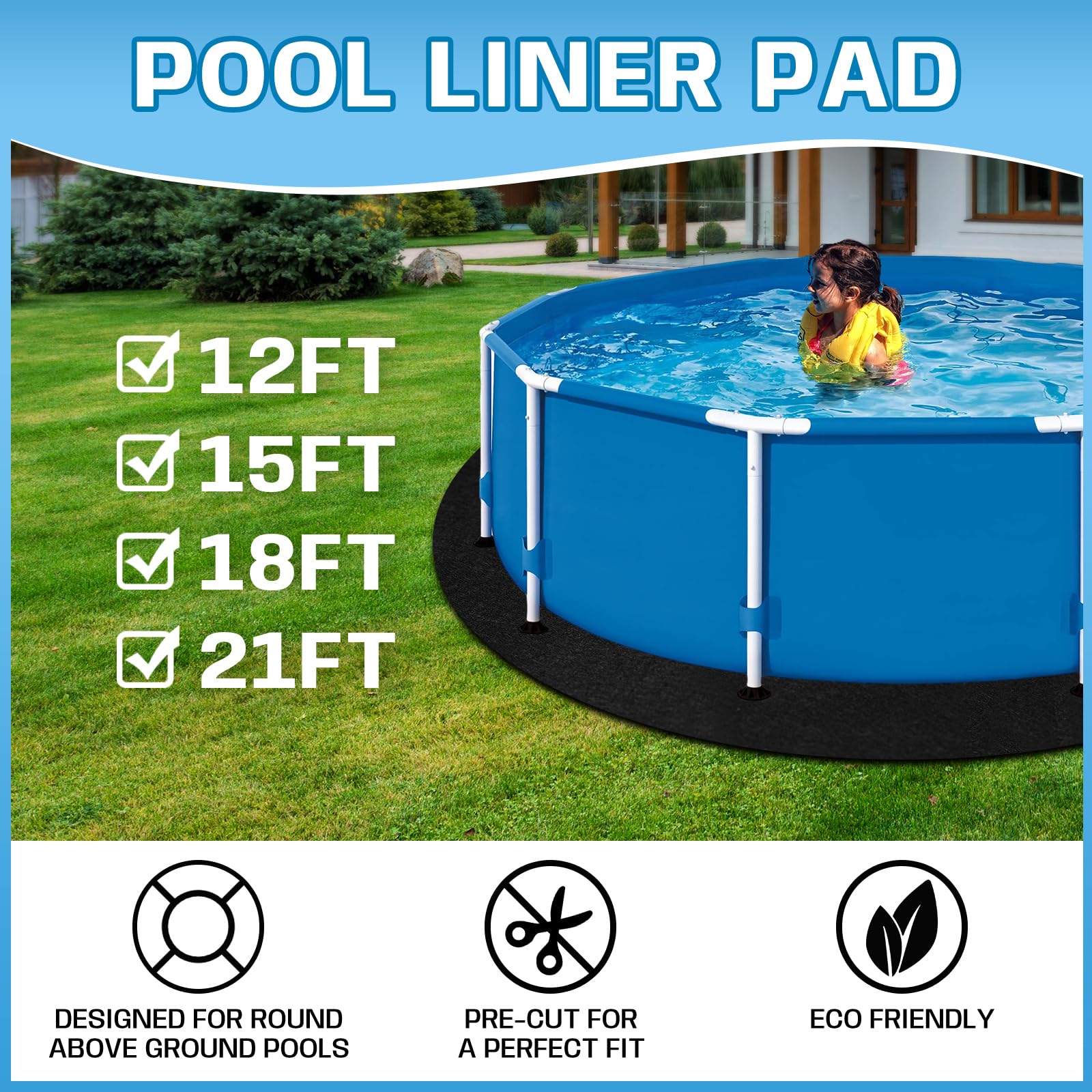 18 FT Round Pool Liner Pad - Heavy Duty Under Pool Padding for Above Ground Pools | Puncture Resistant, Durable & Eco-Friendly Black Pool Base Protector | Perfect for Backyard, Garden & Outdoor Swimming Pool Protection