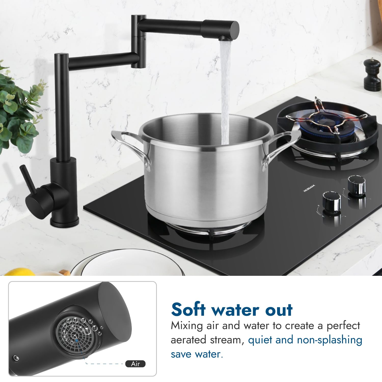 Stainless Steel Matte Black Deck Mounted Pot Filler Faucet - Hot & Cold Water Single Handle 360° Rotating Retractable Commercial Kitchen Sink Faucet - Perfect for Restaurants, Food Trucks & Home Chefs