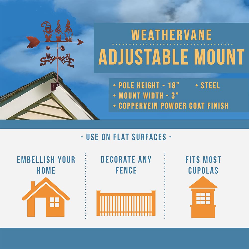 SWEN Adjustable Garden Gnome Weathervane with Mount - Perfect for Outdoor Decor, Lawn Ornaments & Backyard Landscaping