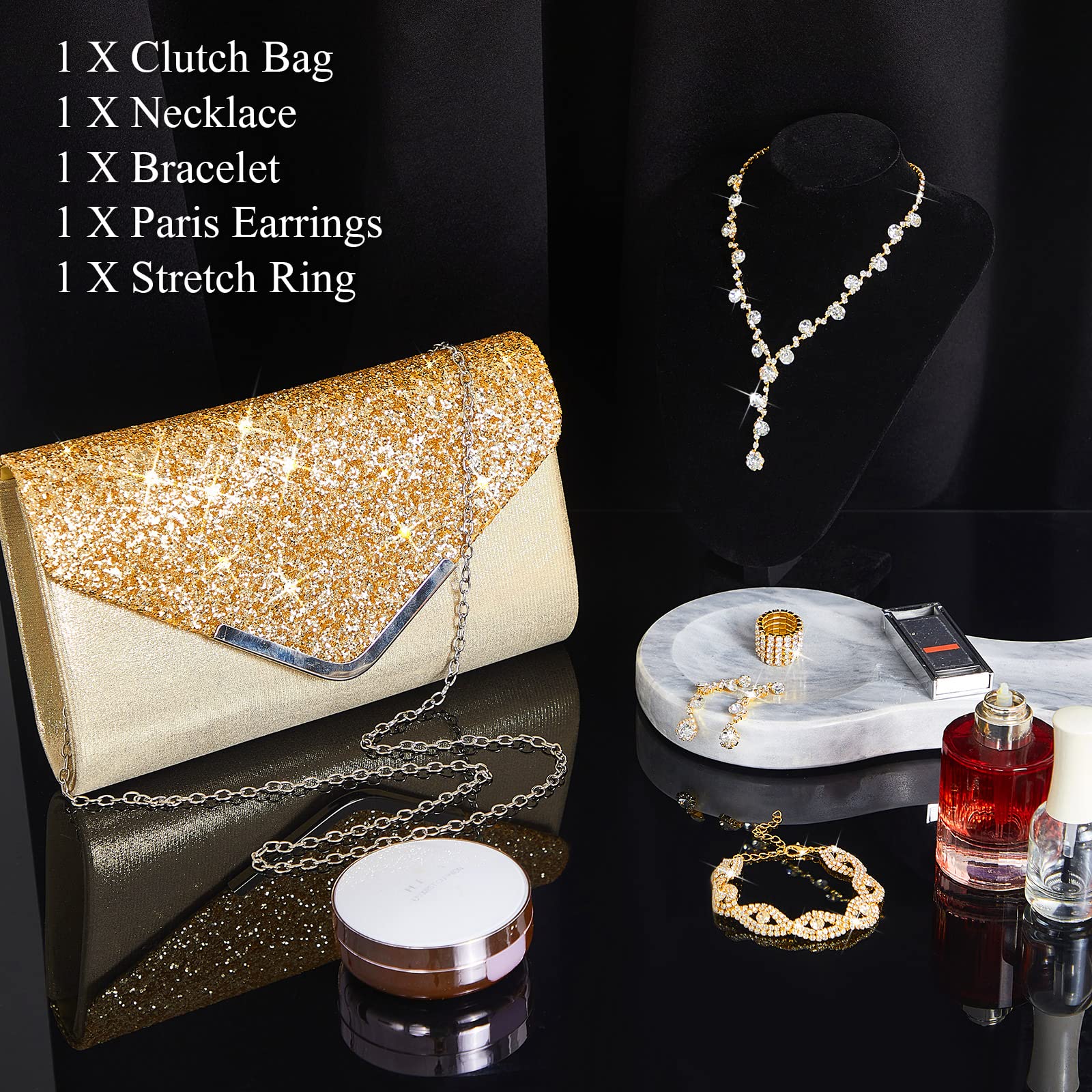 Henoyso 5-Piece Rhinestone Jewelry Set with Clutch Purse - Necklace, Earrings & Bracelet for Women | Bridal, Prom & Evening Party Accessories