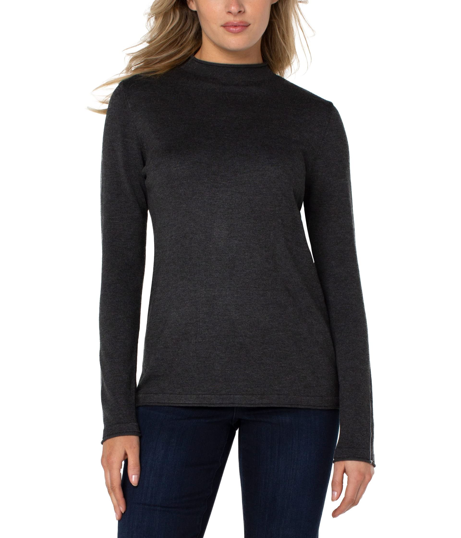Liverpool Mock Neck Rolled Hem Long Sleeve Sweater for Women - Cozy Knit Pullover for Fall & Winter - Perfect for Casual Outfits, Office Wear and Date Nights